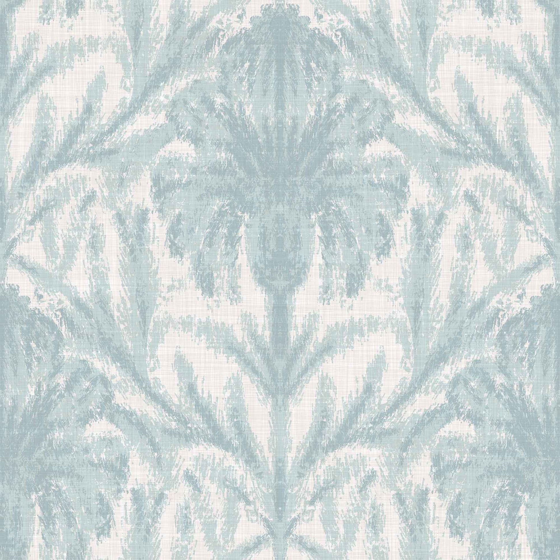 blue_A section of traditional wallpaper with a geometric floral pattern in a pale blue color.