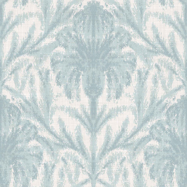 blue_A section of traditional wallpaper with a geometric floral pattern in a pale blue color.
