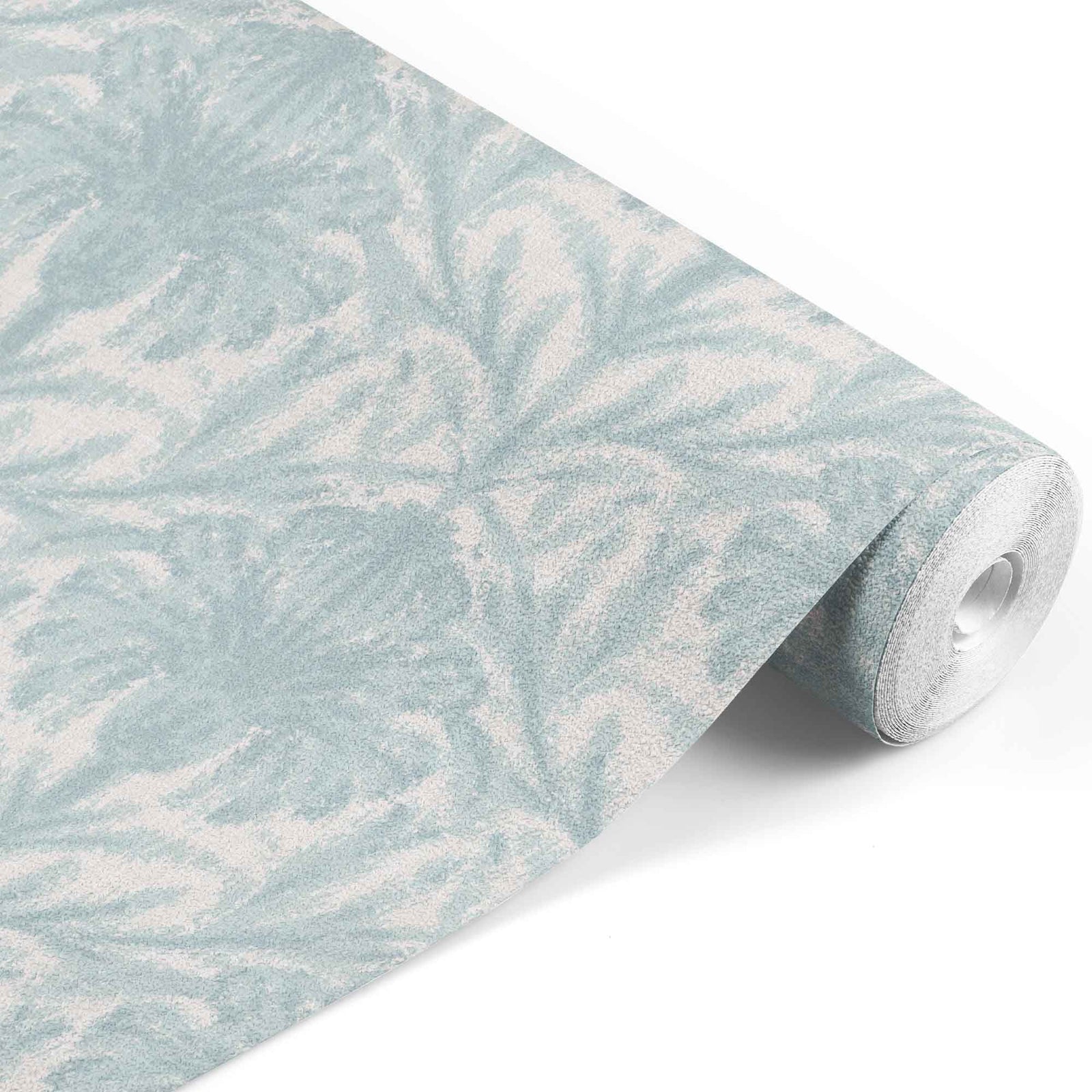 blue_A section of traditional wallpaper with a geometric floral pattern in a pale blue color.