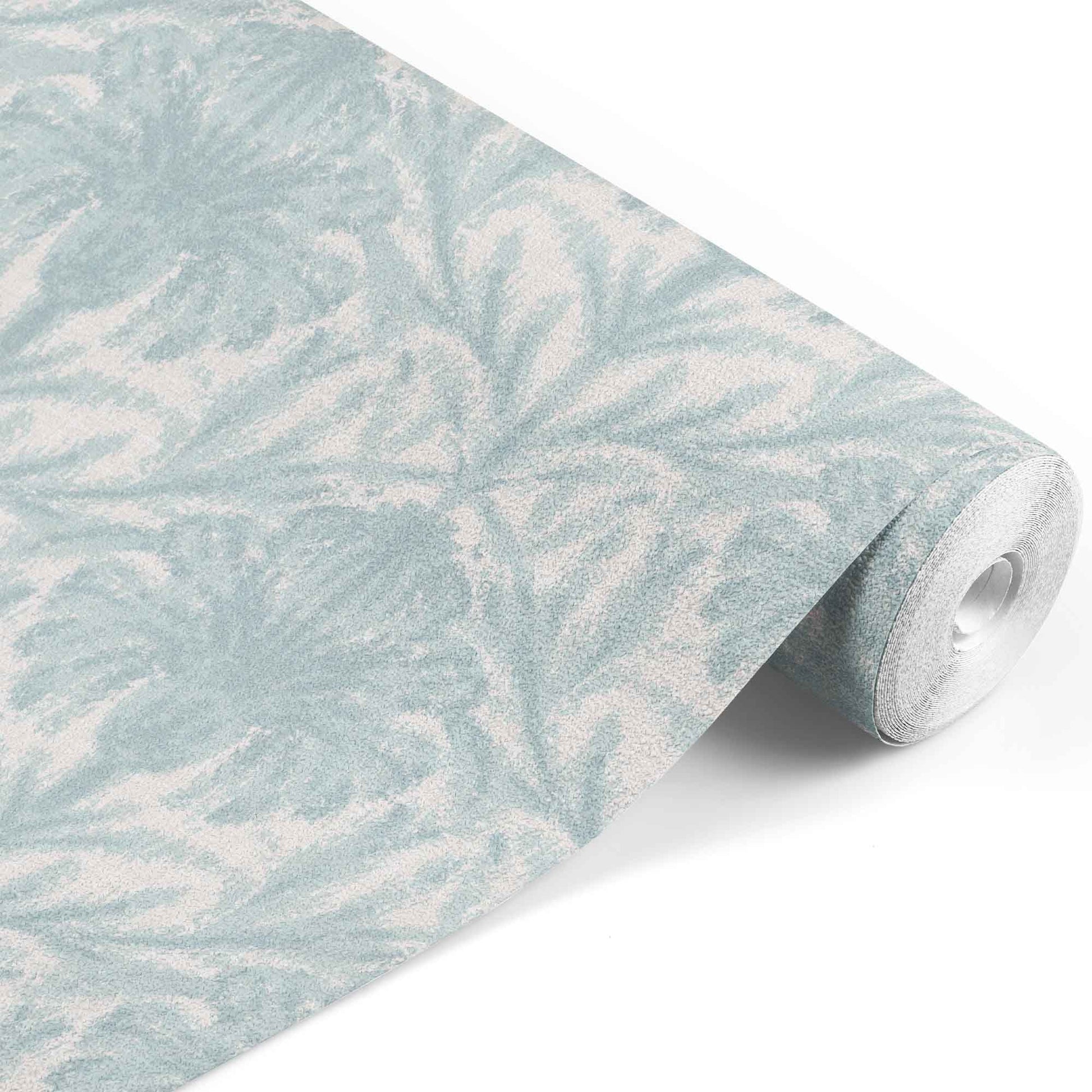 blue_A section of traditional wallpaper with a geometric floral pattern in a pale blue color.
