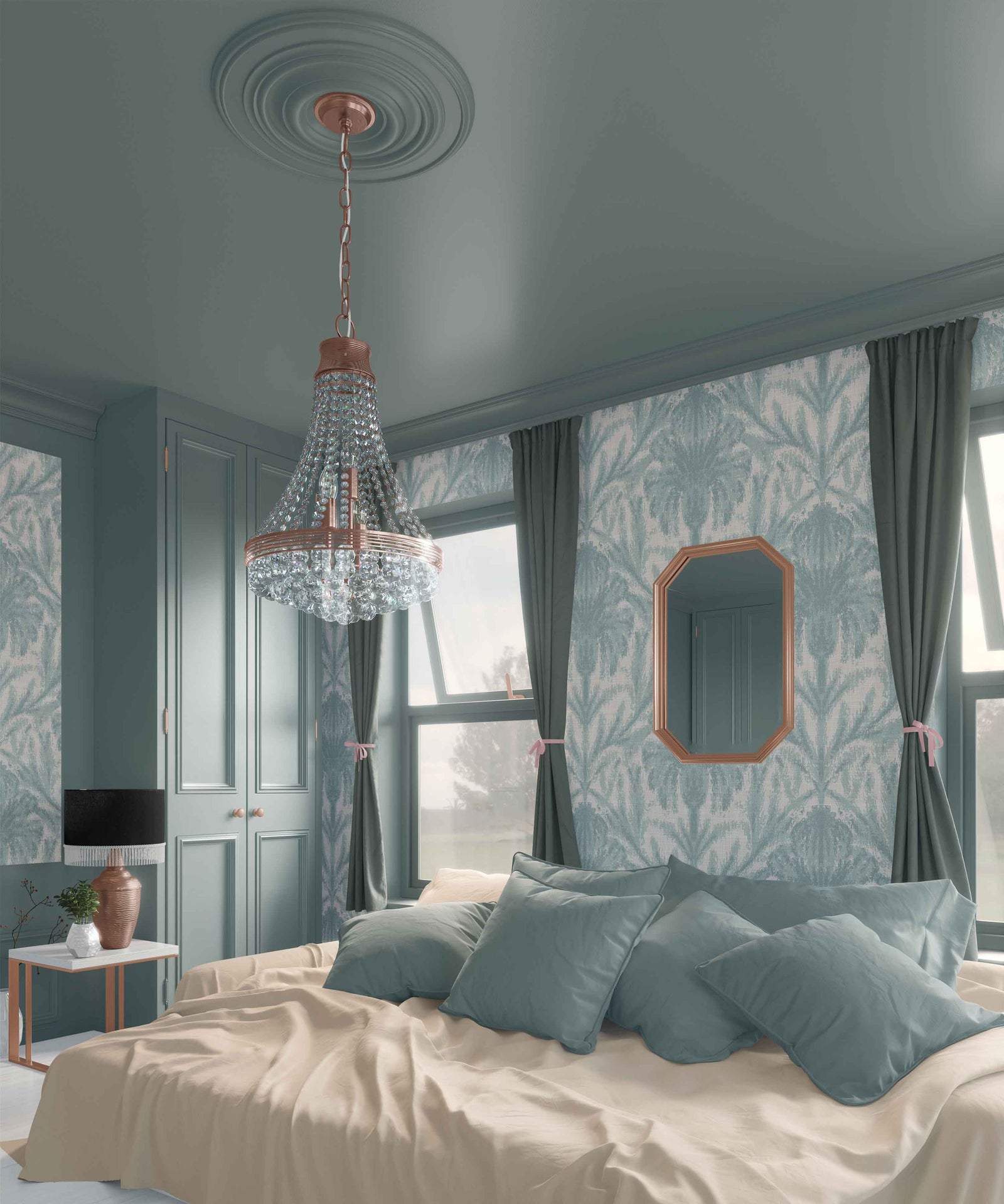 blue_A section of traditional wallpaper with a geometric floral pattern in a pale blue color in a bedroom with a white bed.
