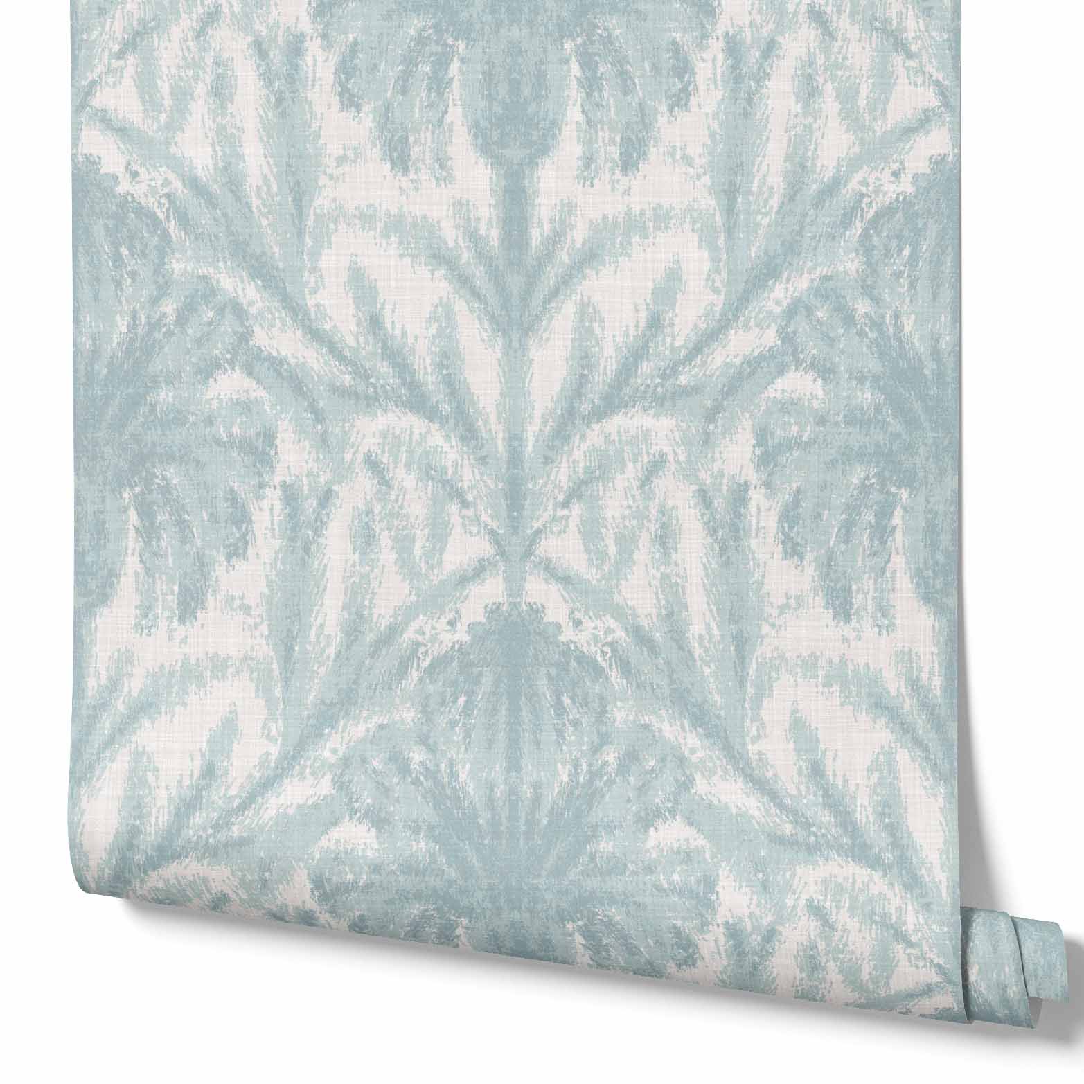 blue_A section of traditional wallpaper with a geometric floral pattern in a pale blue color.