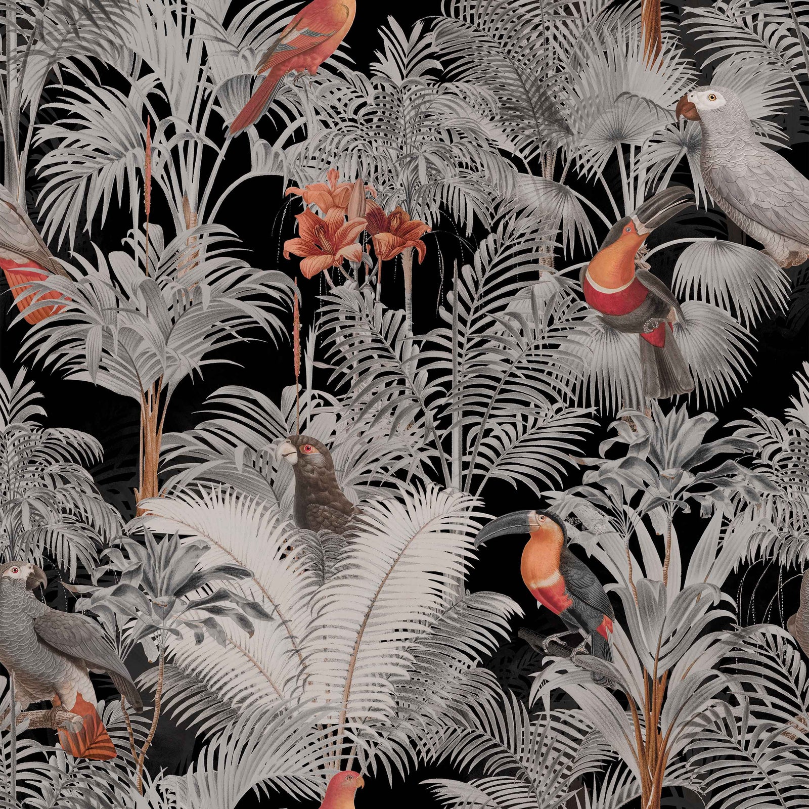 black_A wallpaper pattern featuring a tropical bird pattern with gray, white, and red colors on a black background.