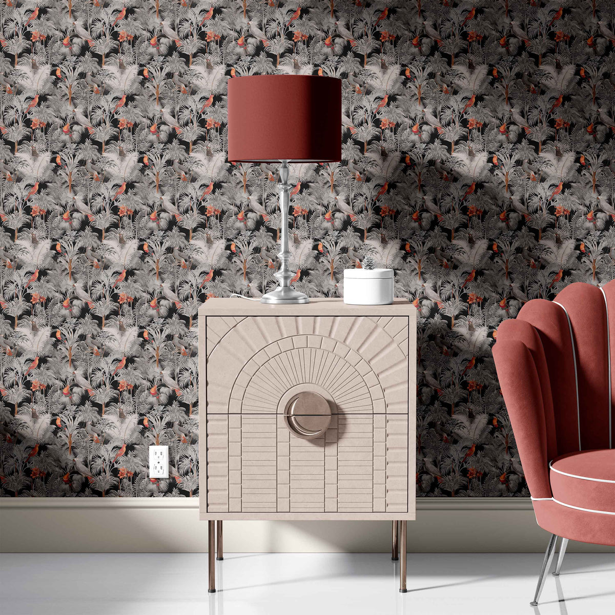 black_A wallpaper pattern featuring a tropical bird pattern with gray, white, and red colors on a black background in a room with a red chair.