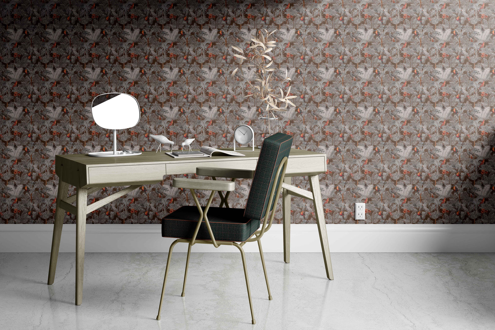 brown_A wallpaper pattern featuring a tropical bird pattern with gray, white, and red colors on a brown background in an office with a desk.