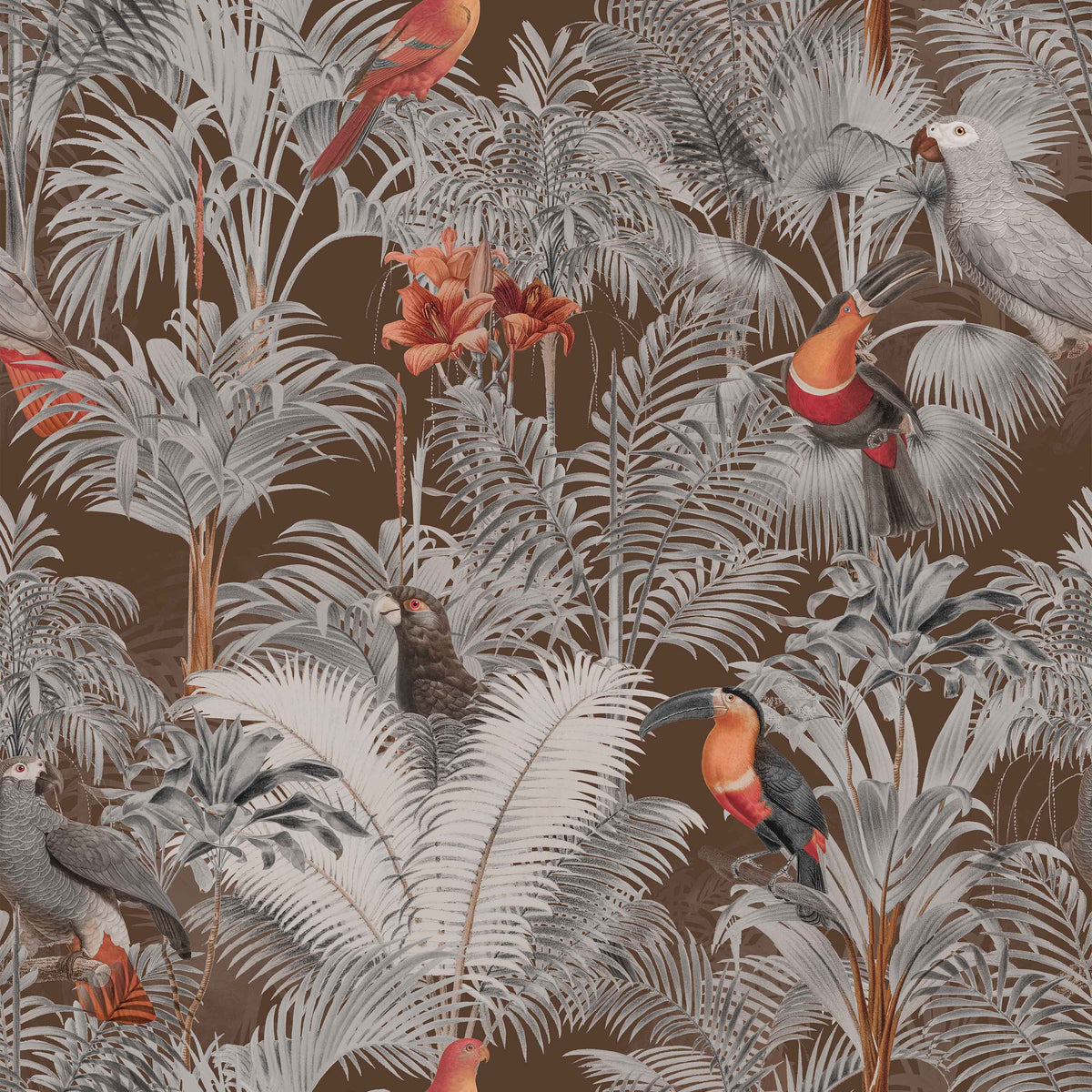 brown_A wallpaper pattern featuring a tropical bird pattern with gray, white, and red colors on a brown background.