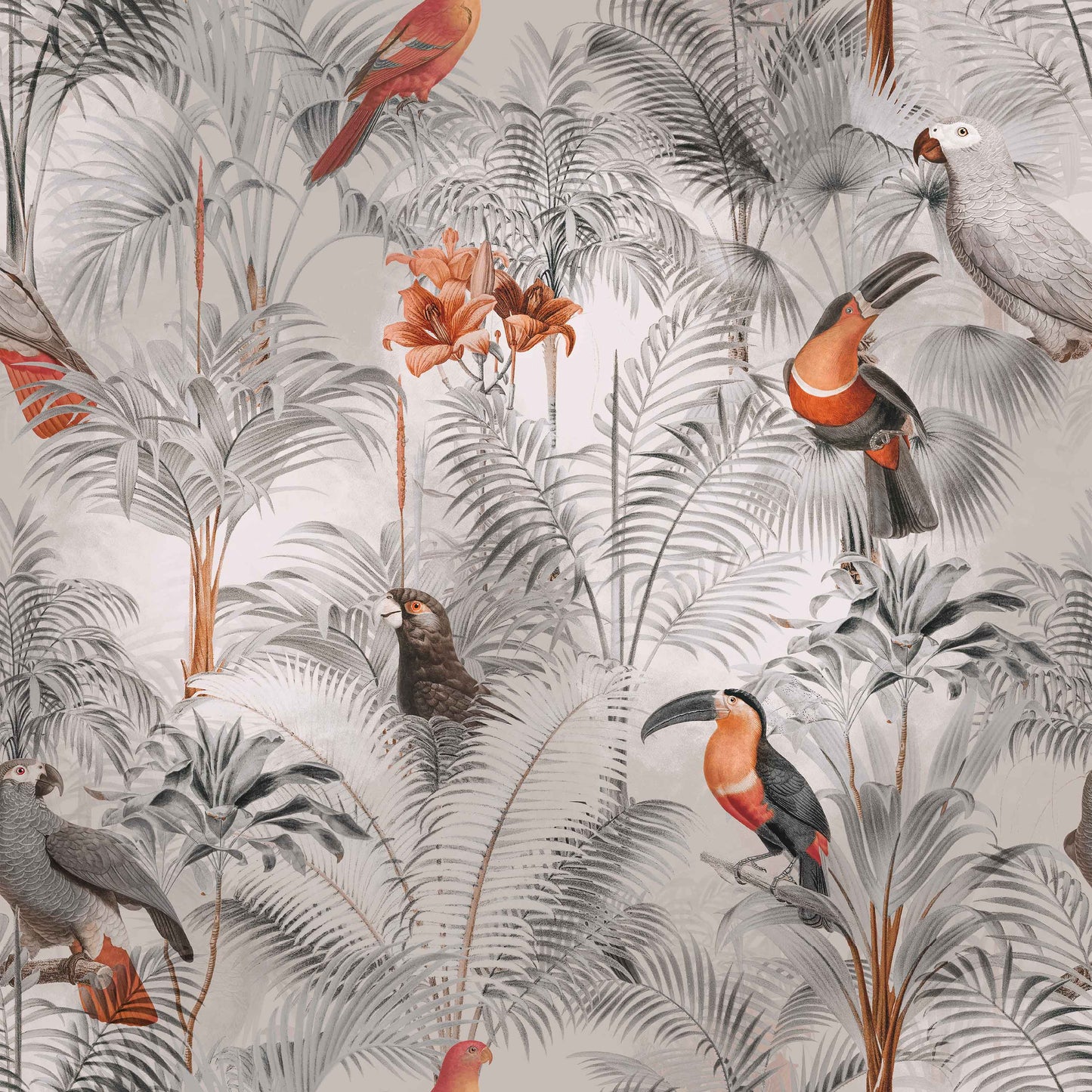 taupe_A wallpaper pattern featuring a tropical bird pattern with gray, white, and red colors on a taupe background.
