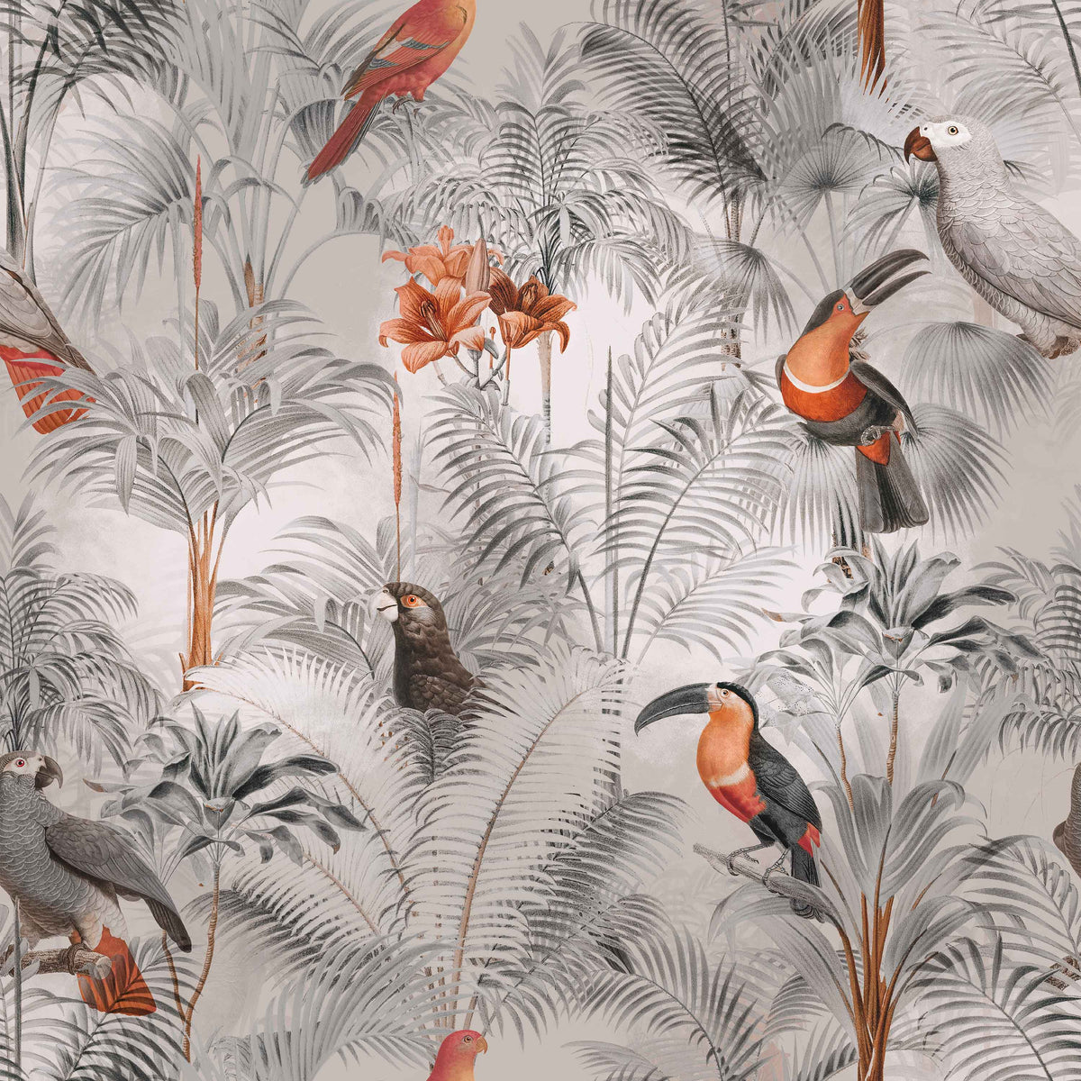 taupe_A wallpaper pattern featuring a tropical bird pattern with gray, white, and red colors on a taupe background.