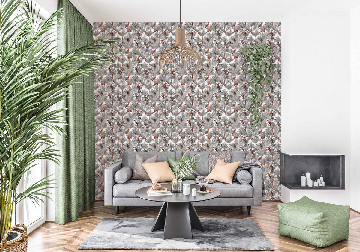 white_A wallpaper pattern featuring a tropical bird pattern with gray, white, and red colors on a white background in a living room with a grey couch.