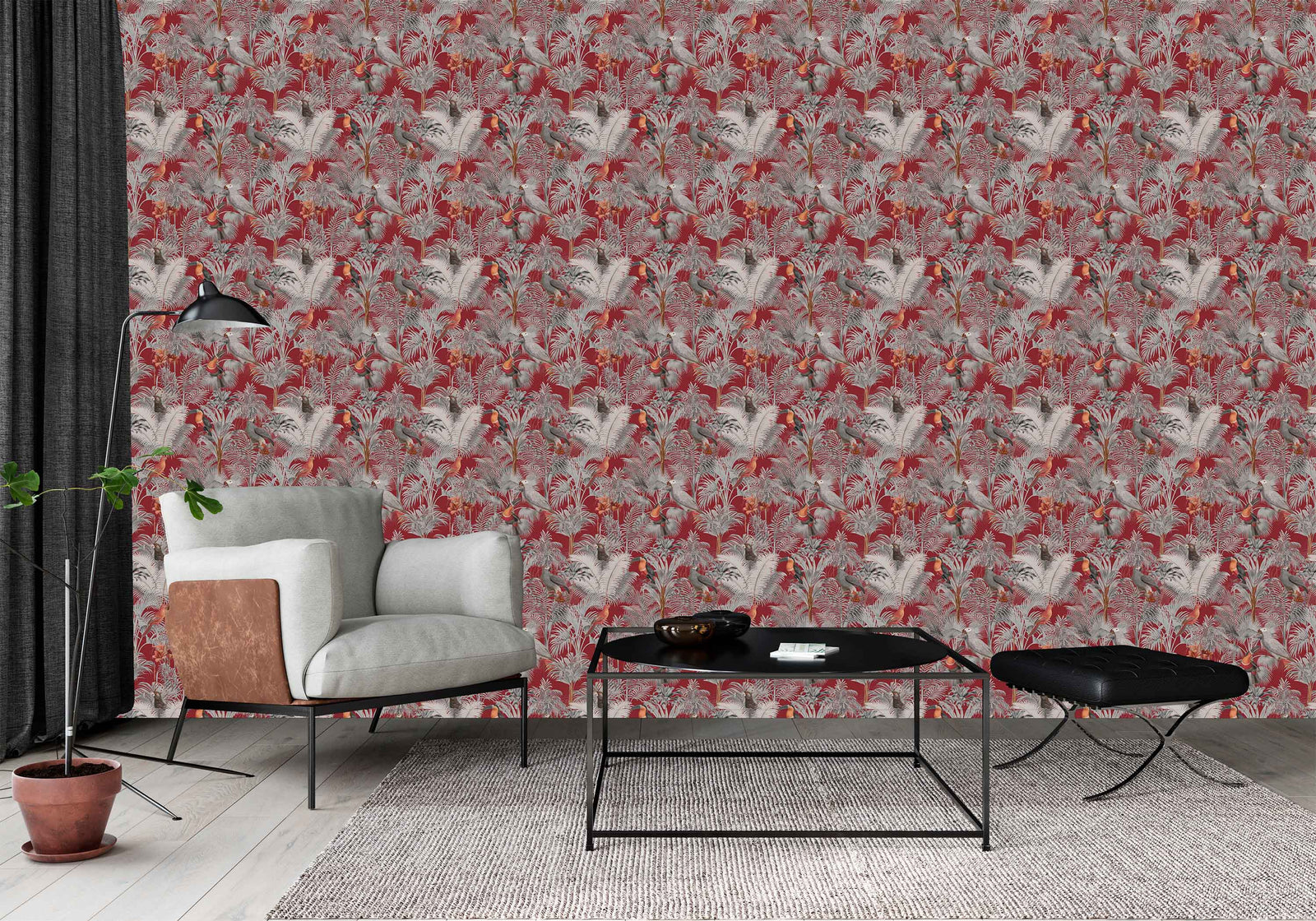 red_A wallpaper pattern featuring a tropical bird pattern with gray, white, and red colors on a red background in a living room with a white chair.