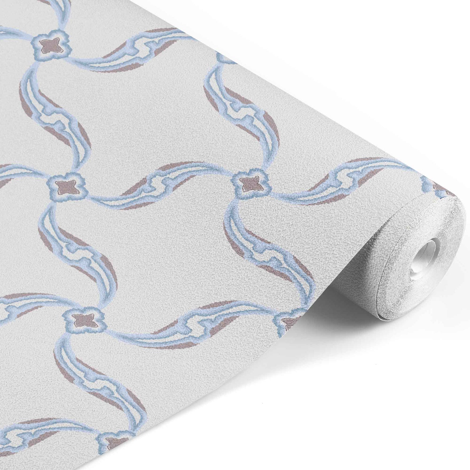 light-blue_A section of wallpaper with a geometric pattern featuring swirls and floral-like designs, predominantly in blue tones on a white background.