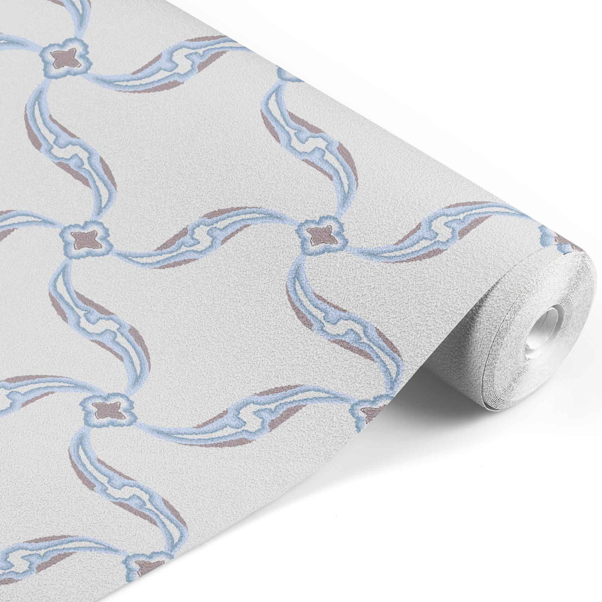 light-blue_A section of wallpaper with a geometric pattern featuring swirls and floral-like designs, predominantly in blue tones on a white background.