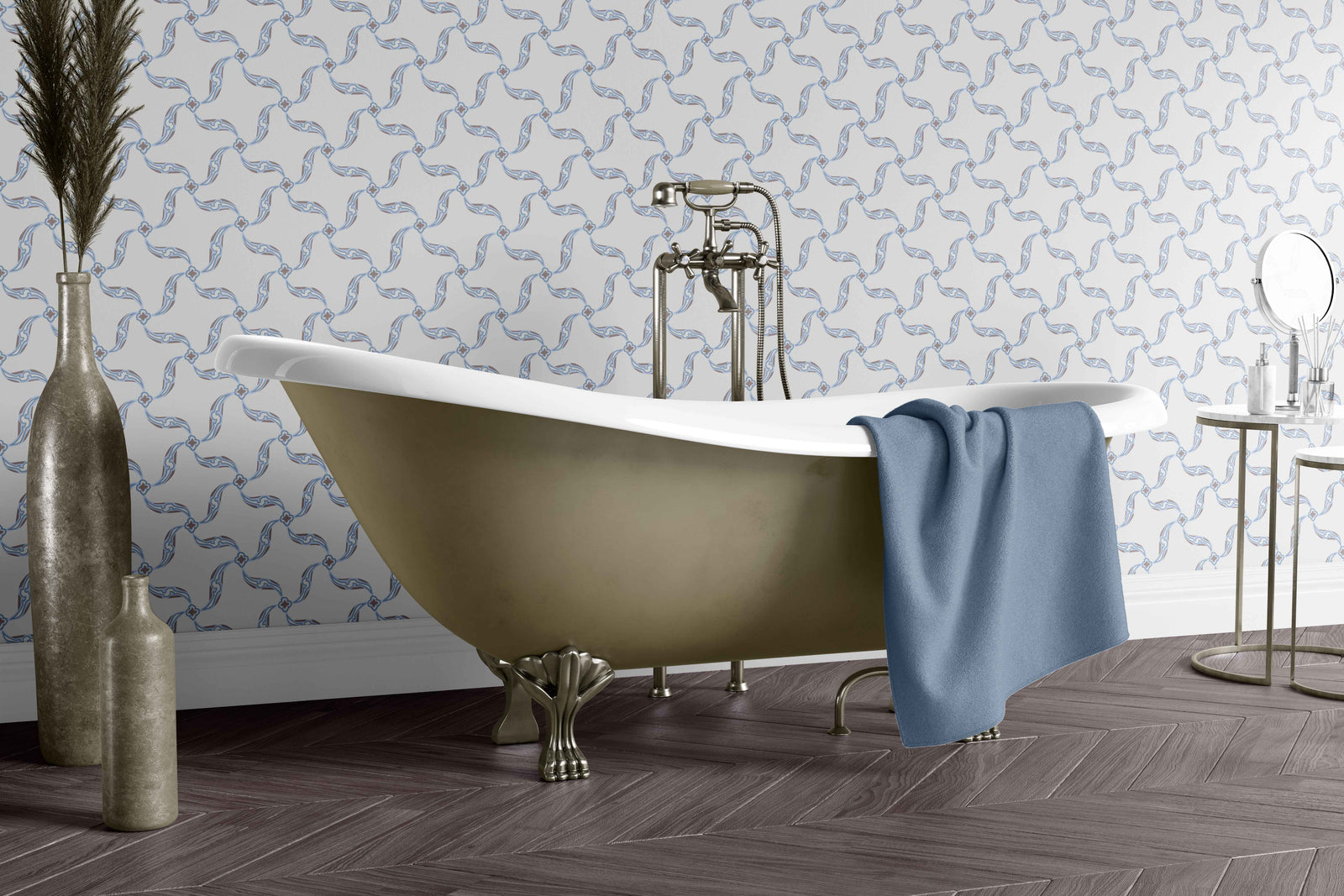 light-blue_A section of wallpaper with a geometric pattern featuring swirls and floral-like designs, predominantly in blue tones on a white background in a bathroom with a white bathtub.