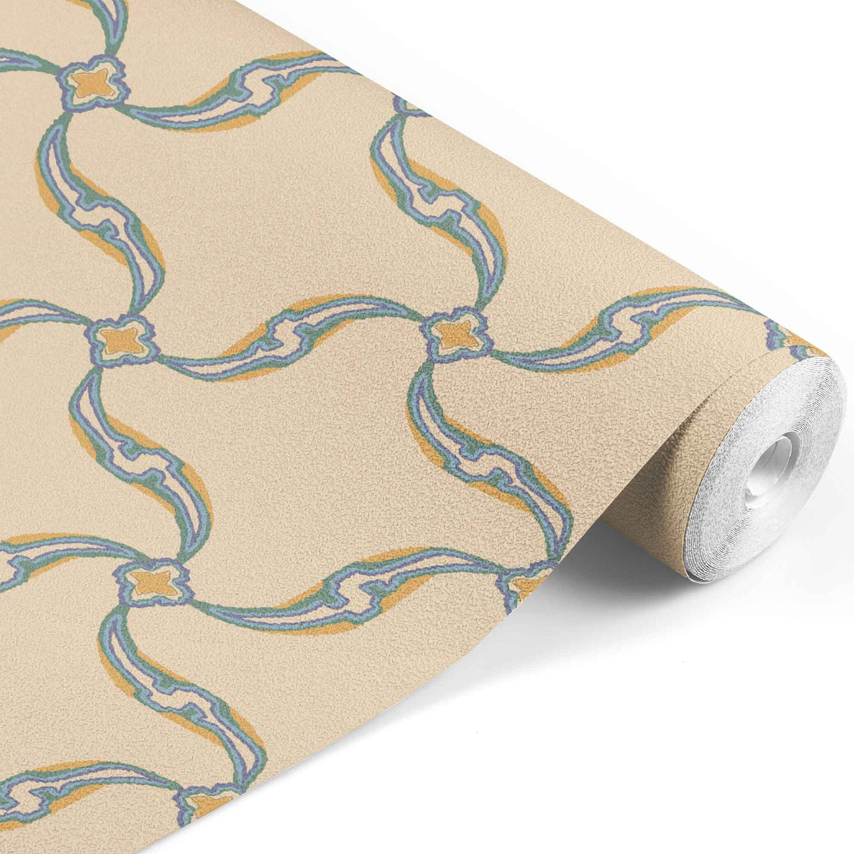 mustard_A section of wallpaper with a geometric pattern featuring swirls and floral-like designs, predominantly in blue tones on a mustard background.