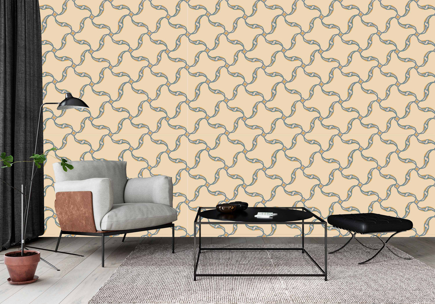 mustard_A section of wallpaper with a geometric pattern featuring swirls and floral-like designs, predominantly in blue tones on a mustard background in a living room with a white chair.