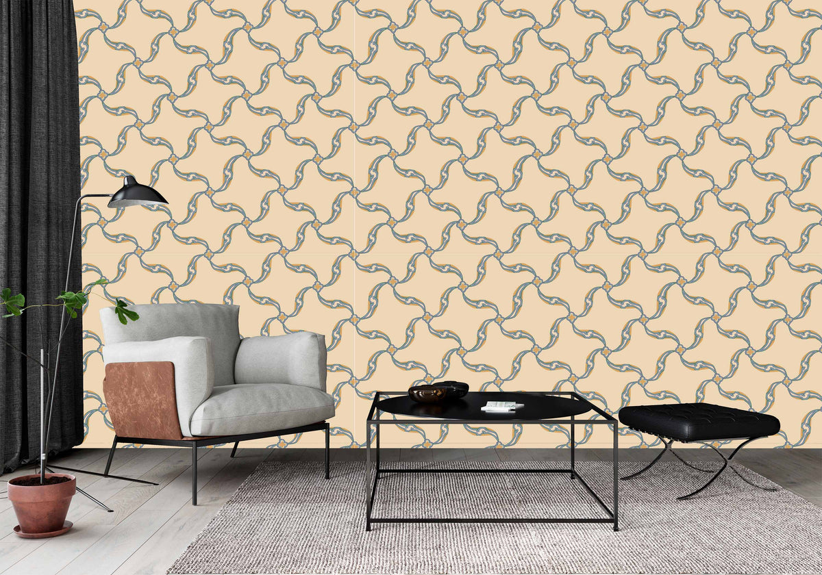 mustard_A section of wallpaper with a geometric pattern featuring swirls and floral-like designs, predominantly in blue tones on a mustard background in a living room with a white chair.