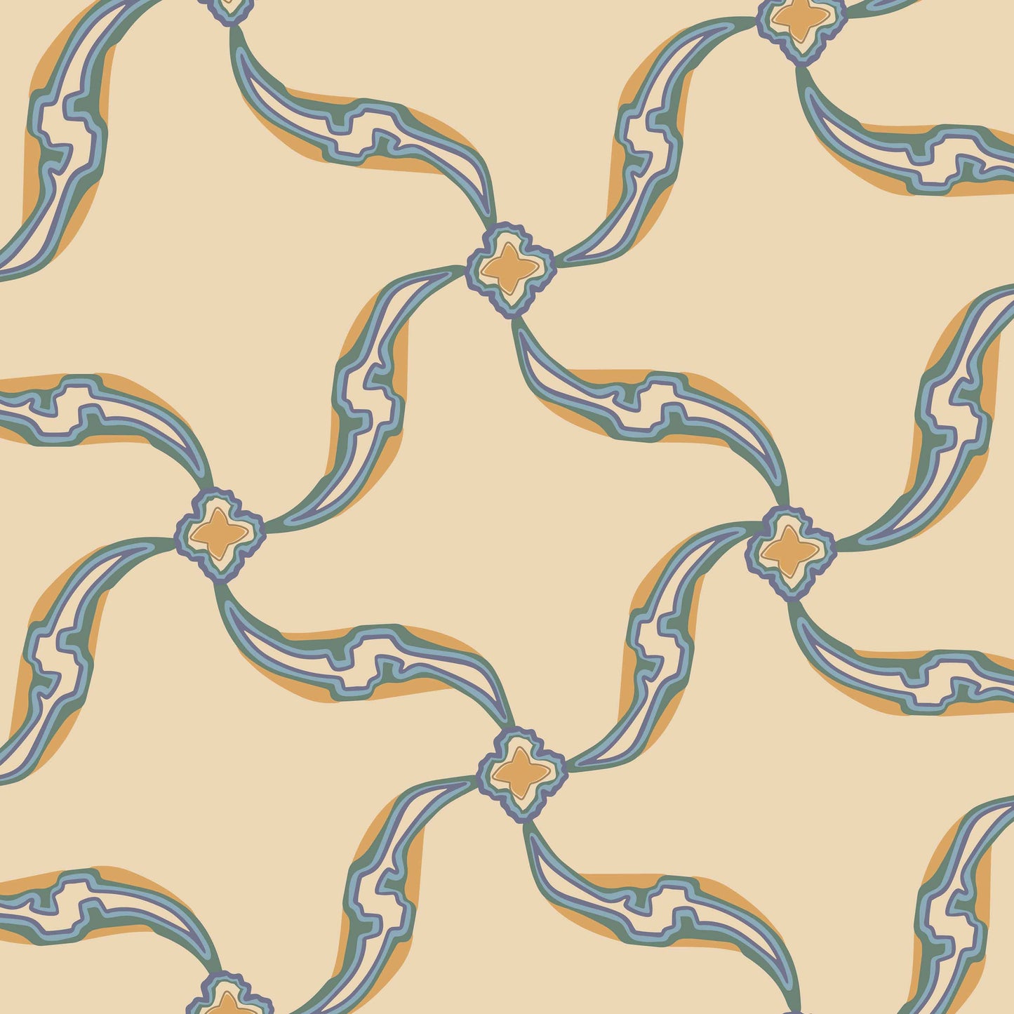 mustard_A section of wallpaper with a geometric pattern featuring swirls and floral-like designs, predominantly in blue tones on a mustard background.