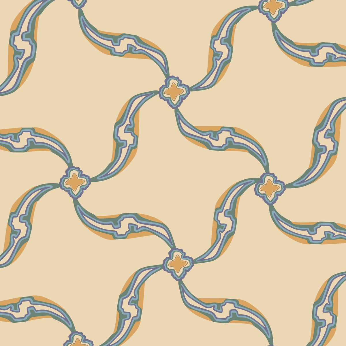mustard_A section of wallpaper with a geometric pattern featuring swirls and floral-like designs, predominantly in blue tones on a mustard background.