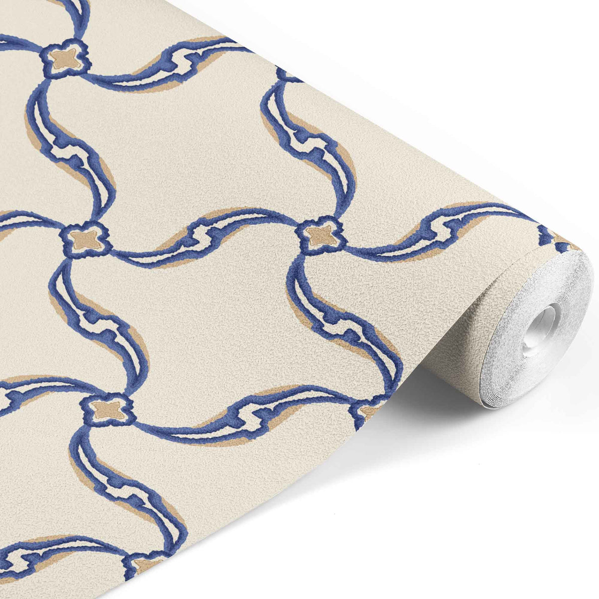 navy_A section of wallpaper with a geometric pattern featuring swirls and floral-like designs, predominantly in navy tones on an off white background.