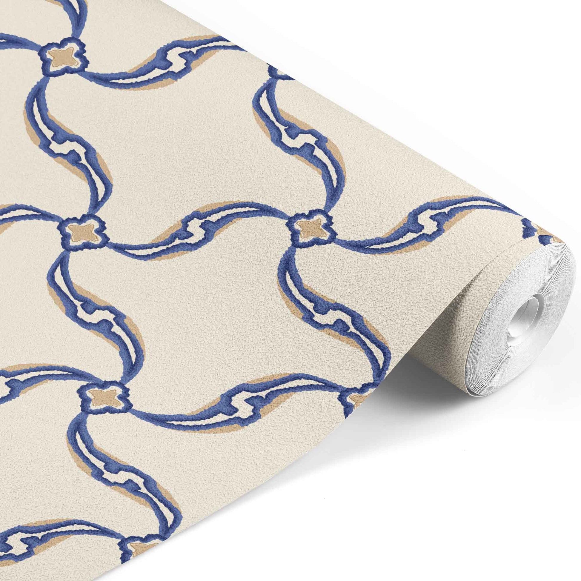 navy_A section of wallpaper with a geometric pattern featuring swirls and floral-like designs, predominantly in navy tones on an off white background.
