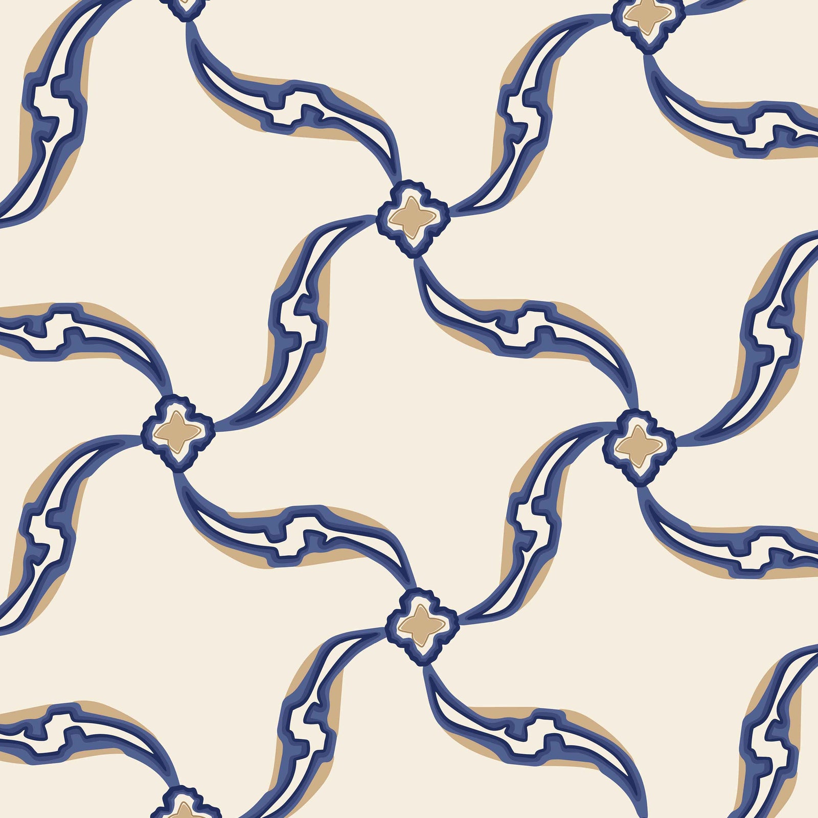 navy_A section of wallpaper with a geometric pattern featuring swirls and floral-like designs, predominantly in navy tones on an off white background.
