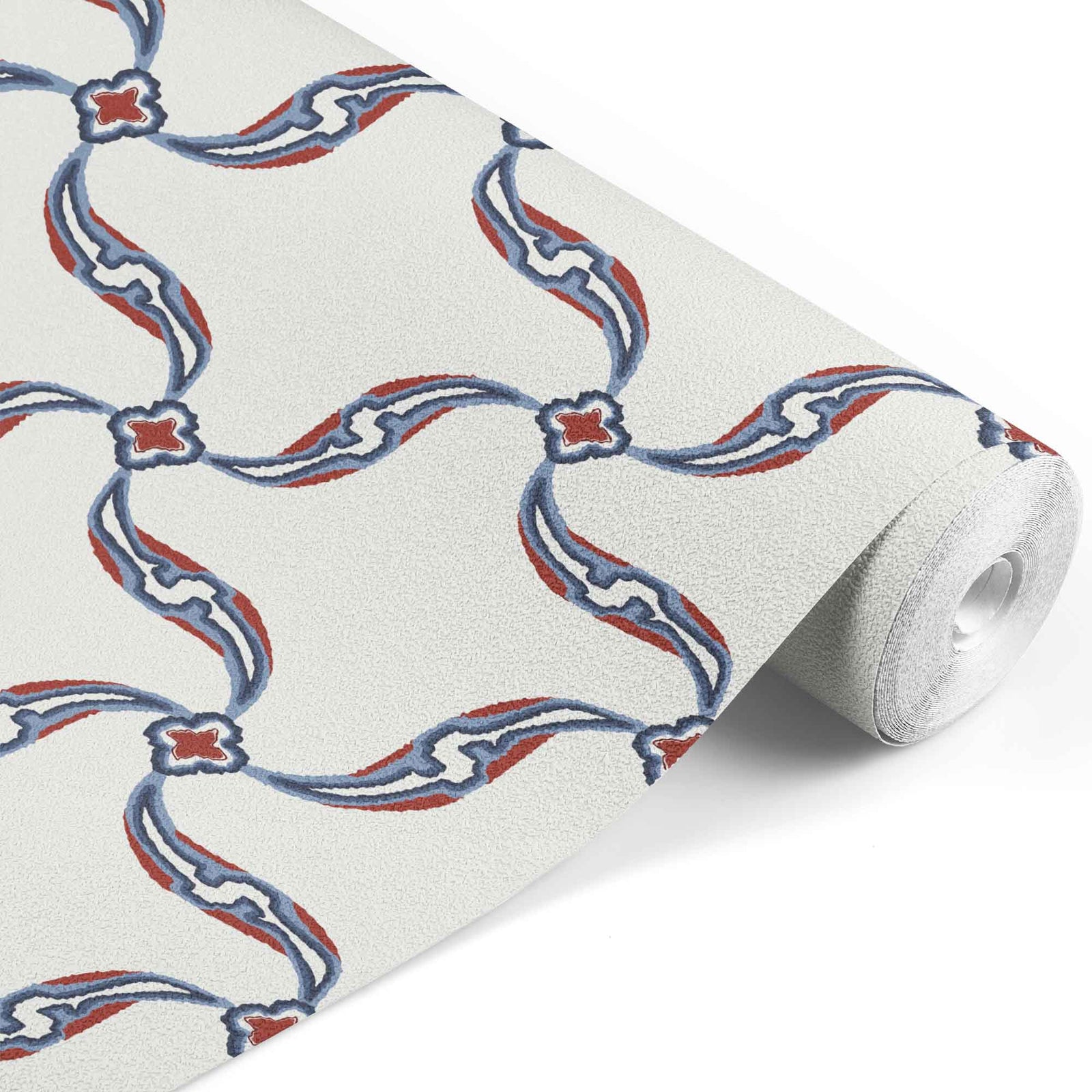 white_A section of wallpaper with a geometric pattern featuring swirls and floral-like designs, predominantly in red and blue tones on a white background.