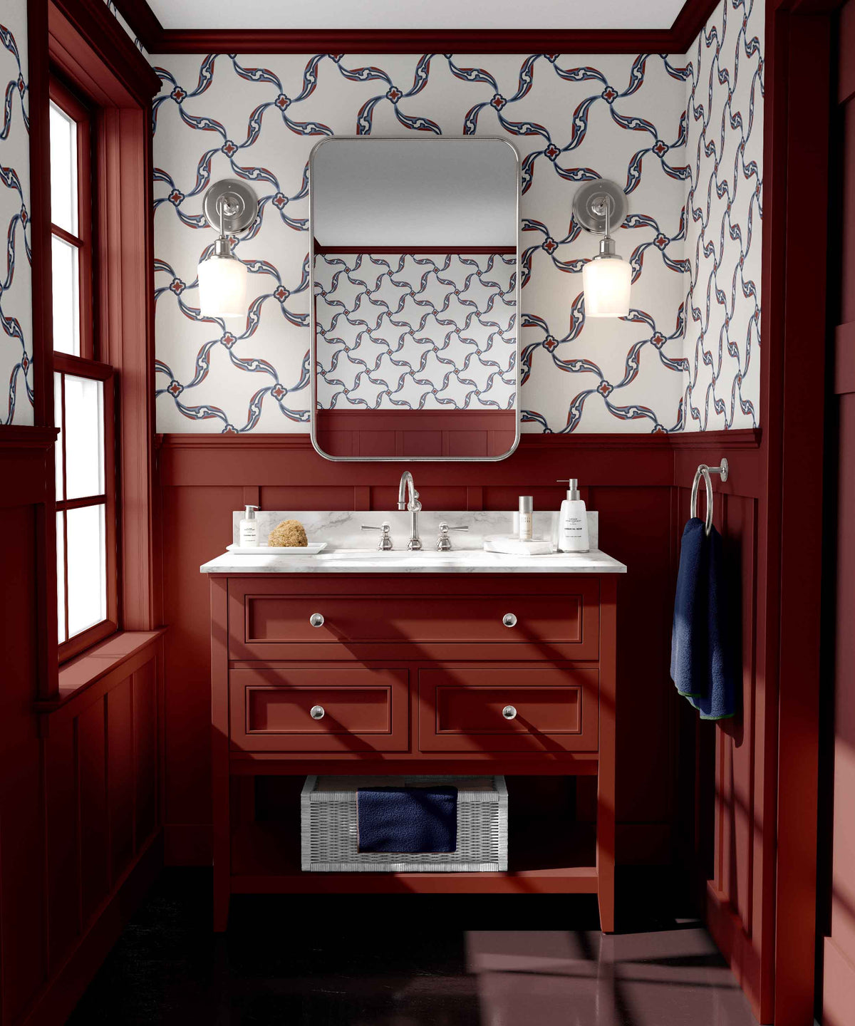 white_A section of wallpaper with a geometric pattern featuring swirls and floral-like designs, predominantly in red and blue tones on a white background in a bathroom.