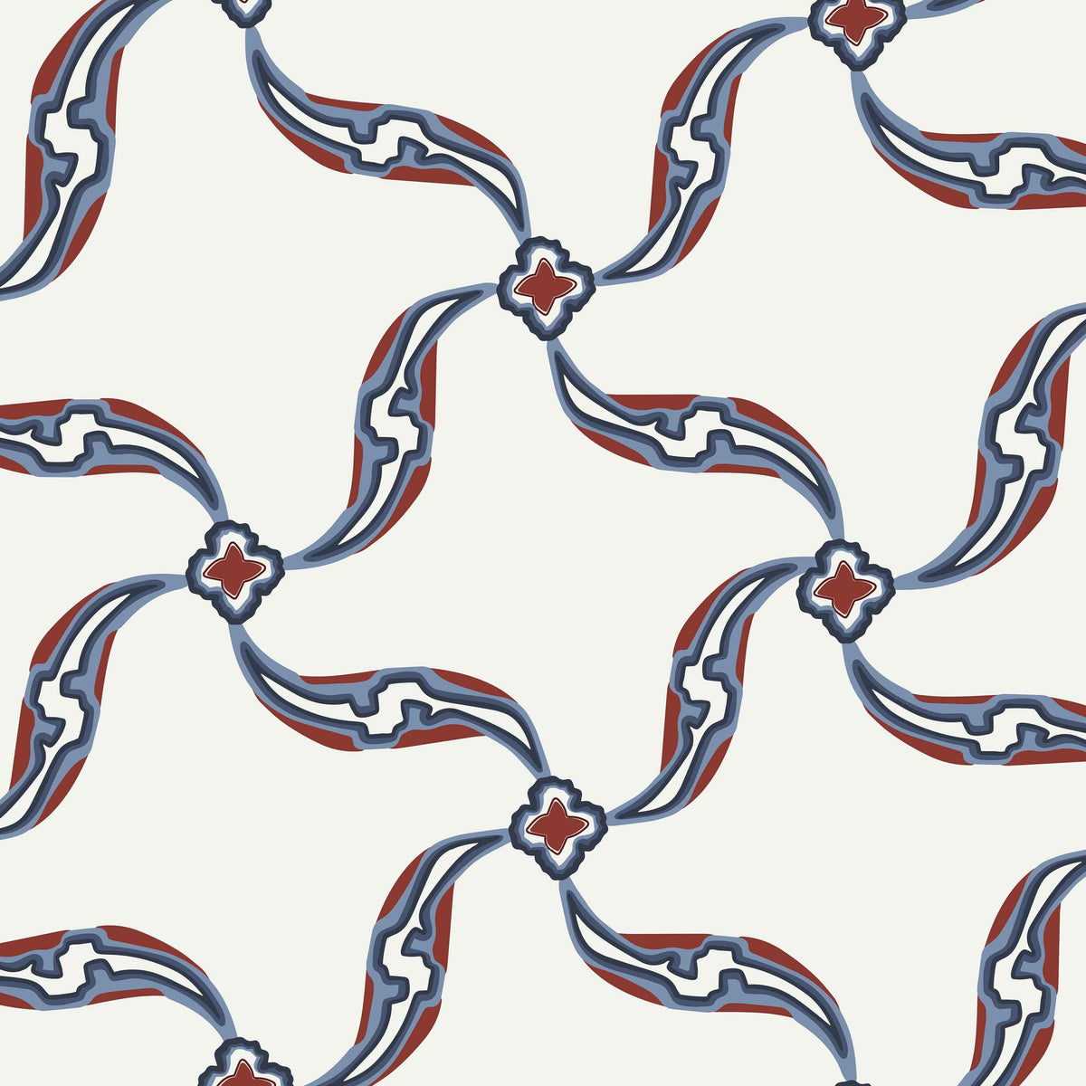 white_A section of wallpaper with a geometric pattern featuring swirls and floral-like designs, predominantly in red and blue tones on a white background.