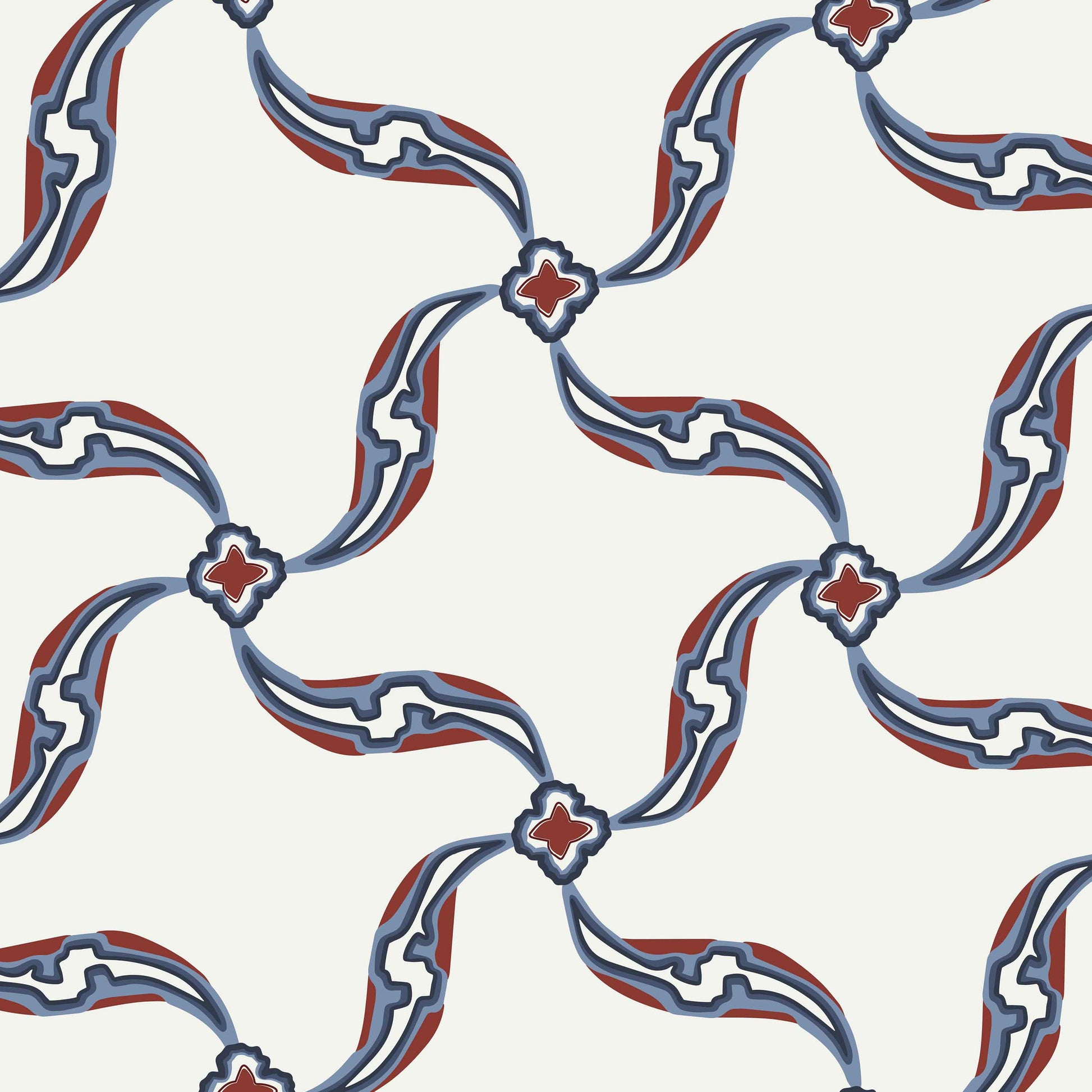white_A section of wallpaper with a geometric pattern featuring swirls and floral-like designs, predominantly in red and blue tones on a white background.