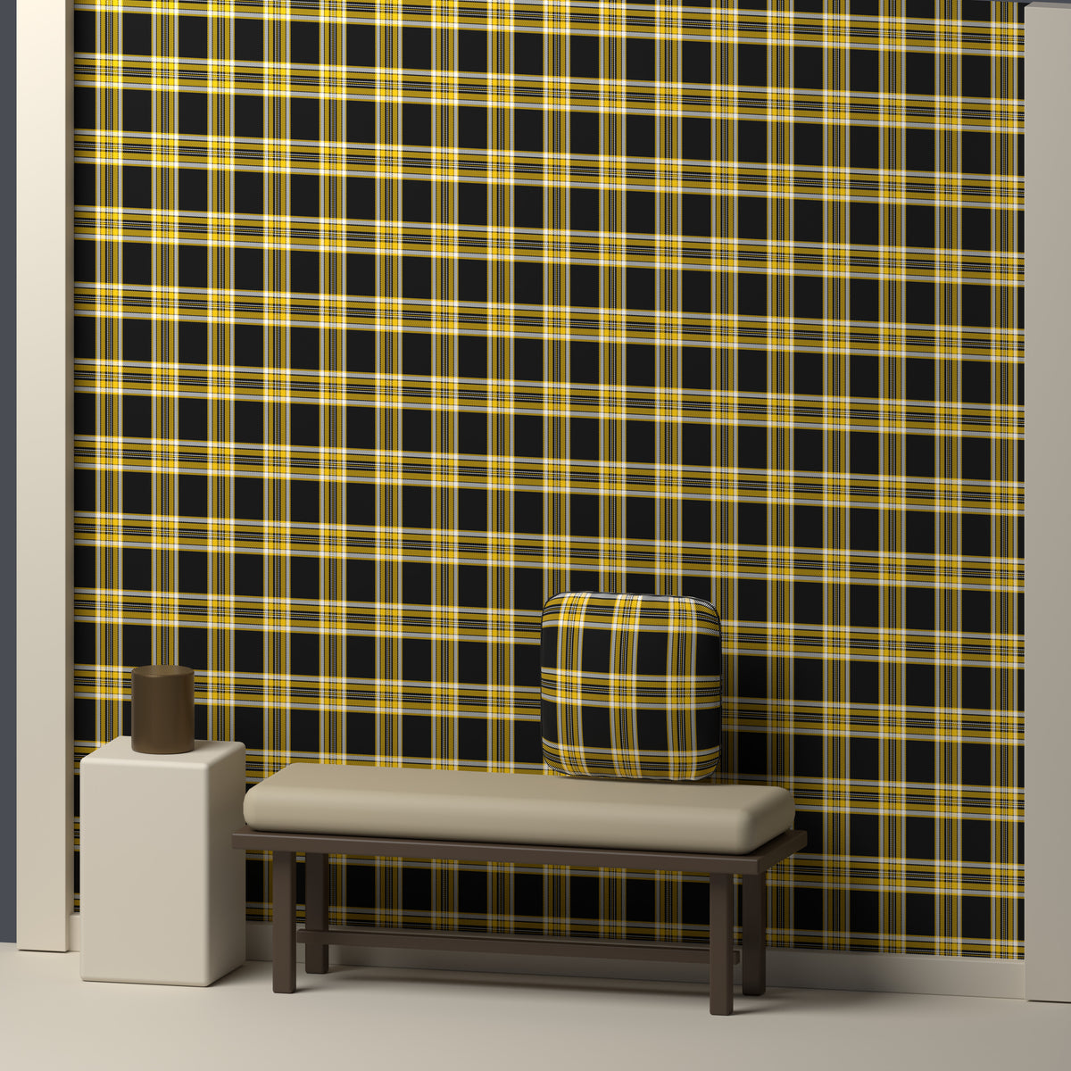 Near Black, Golden Yellow & White · Palette 046 — Alderwick — In a room