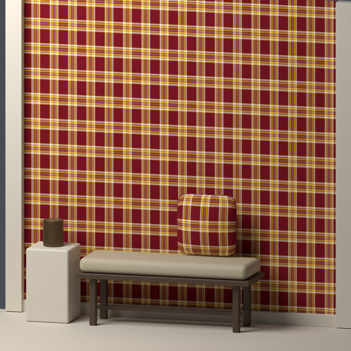 Maroon, Gold & White · Palette 057 — Alderwick — In a room