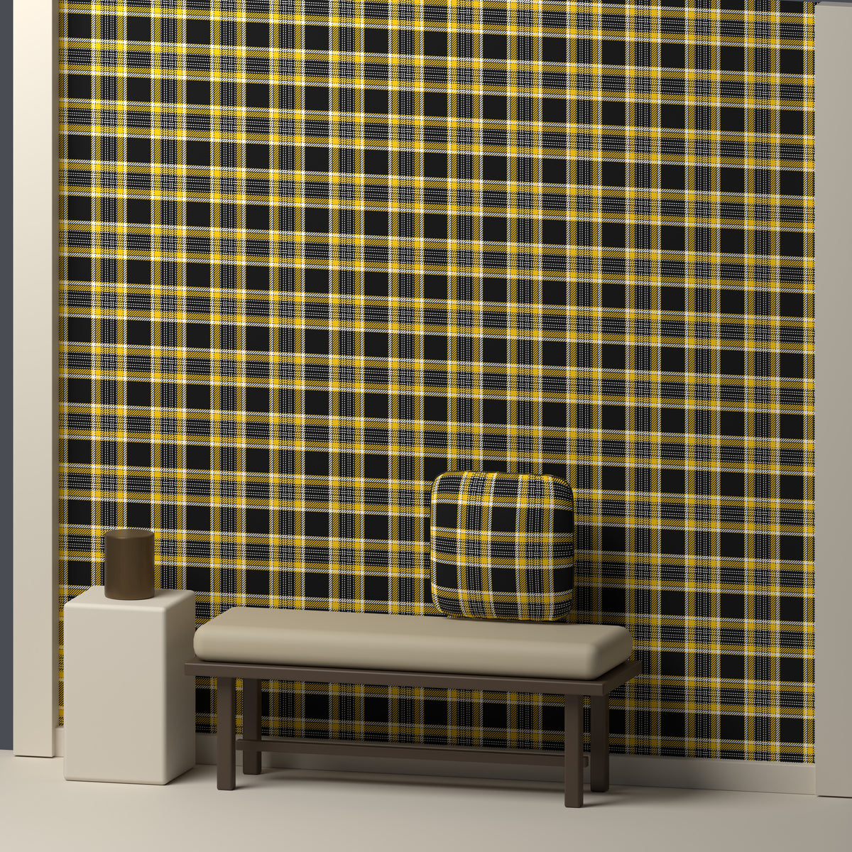 Near Black, Golden Yellow & White · Palette 046 — Heritage — In a room