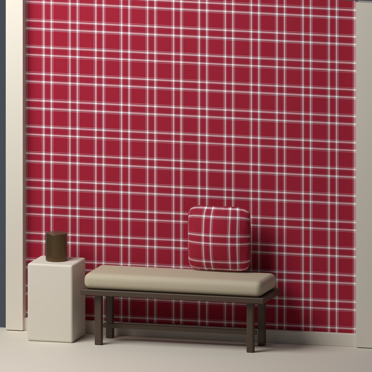 Deep Crimson, White & Slate Gray — Tailored — In a room