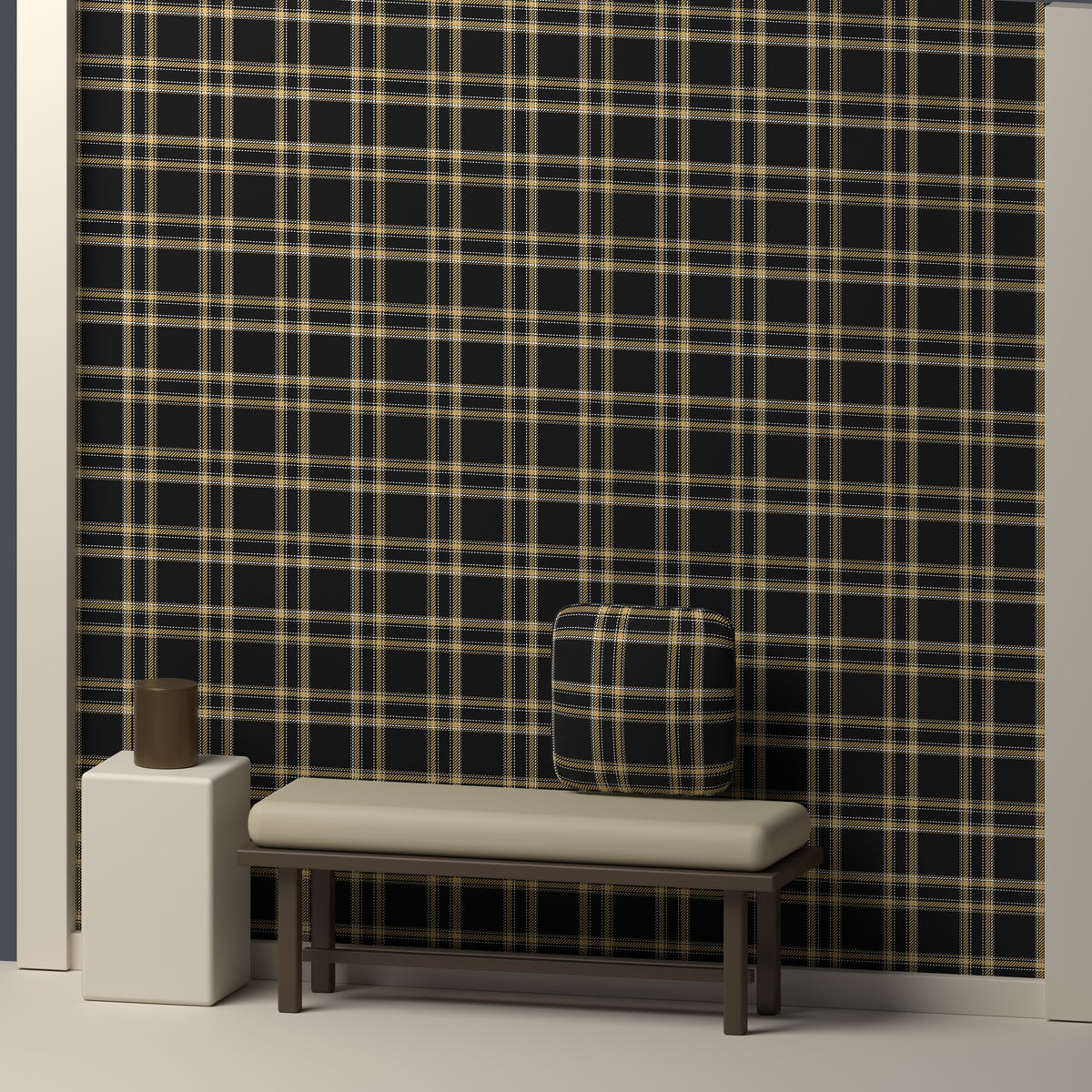 Near Black, Antique Gold & White · Palette 034 — Tailored — In a room