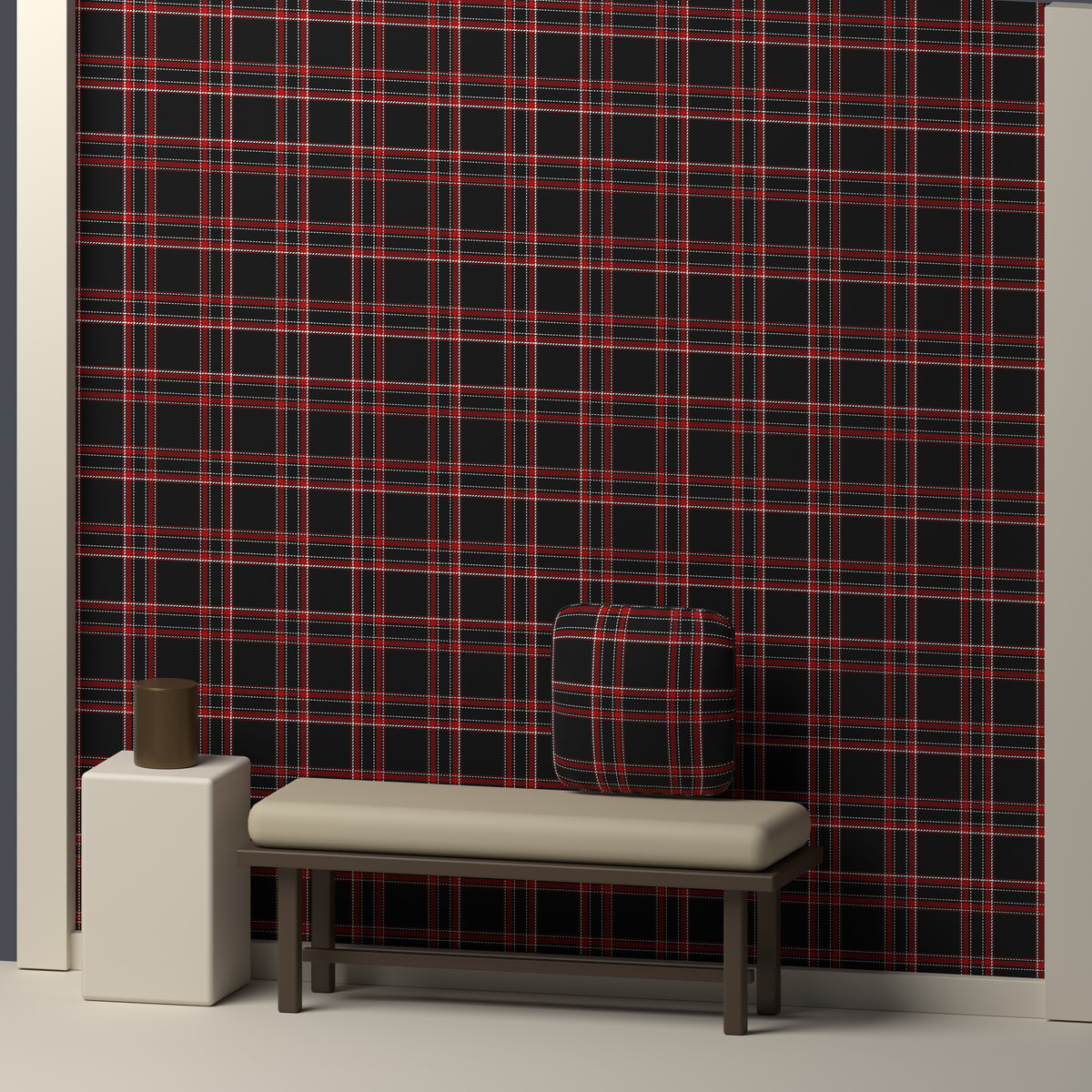 Near Black, Deep Red & White — Tailored — In a room