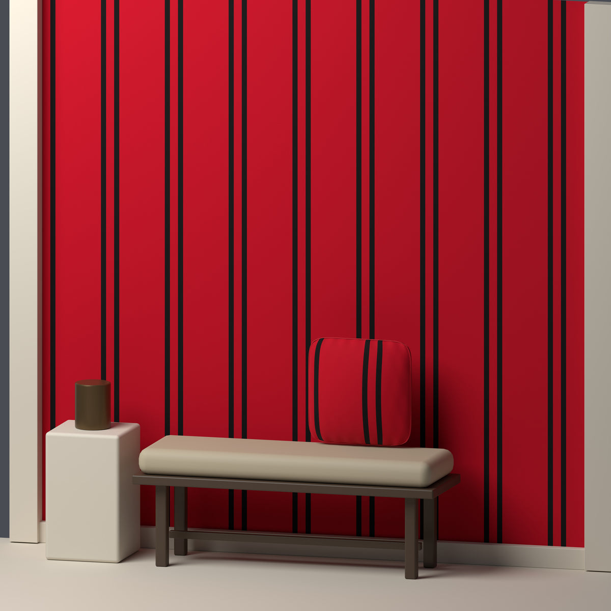 Deep Red, Near Black & White · Palette 015 — Double Track — In a room