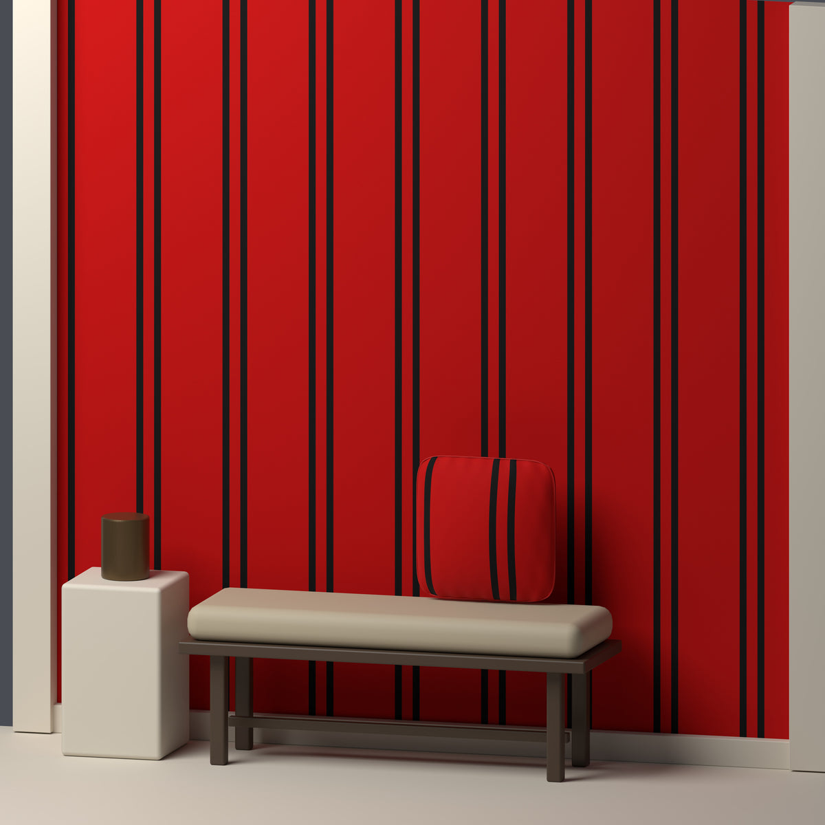 Deep Red, Near Black & White · Palette 017 — Double Track — In a room