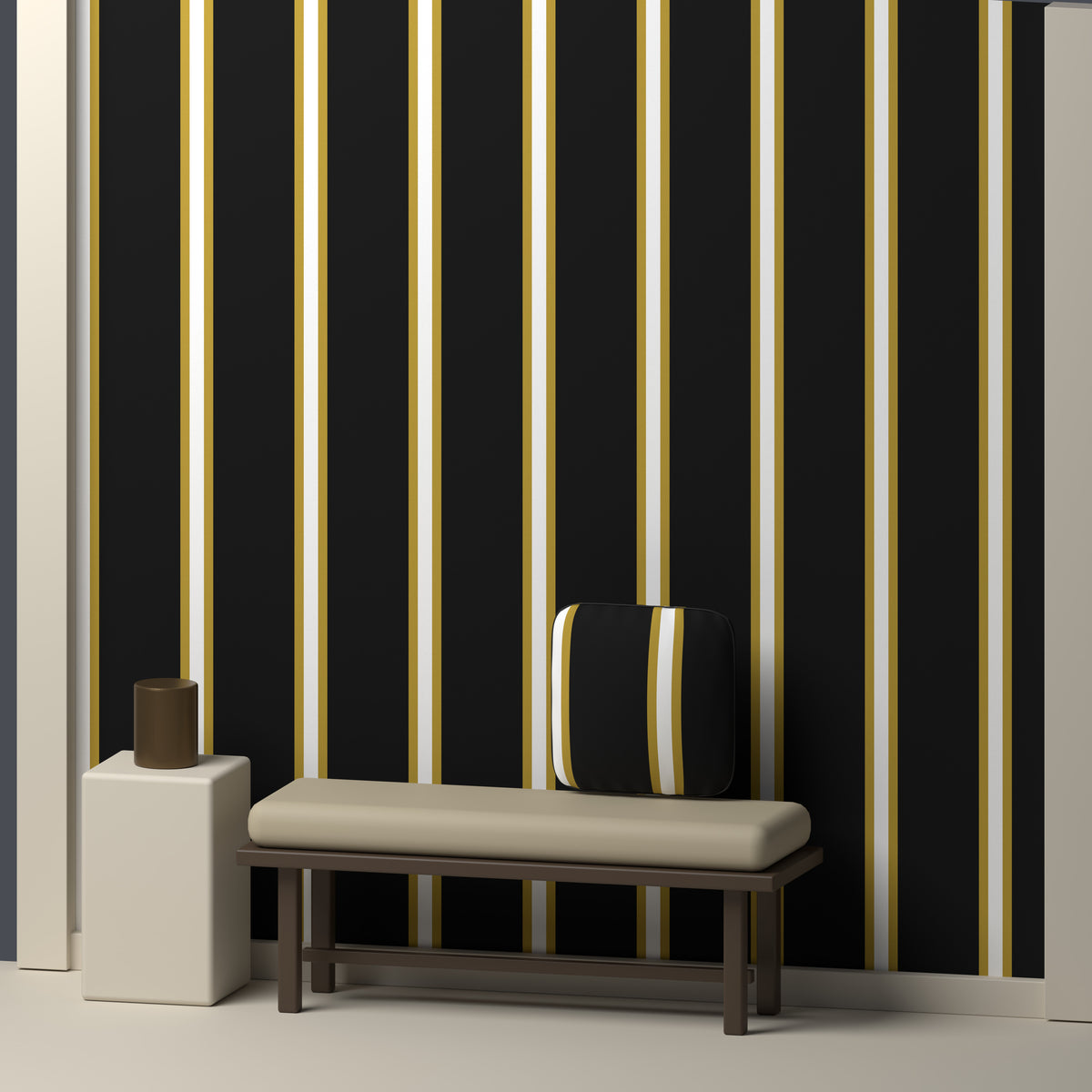 Near Black, Antique Gold & White · Palette 016 — Double Track Trio — In a room