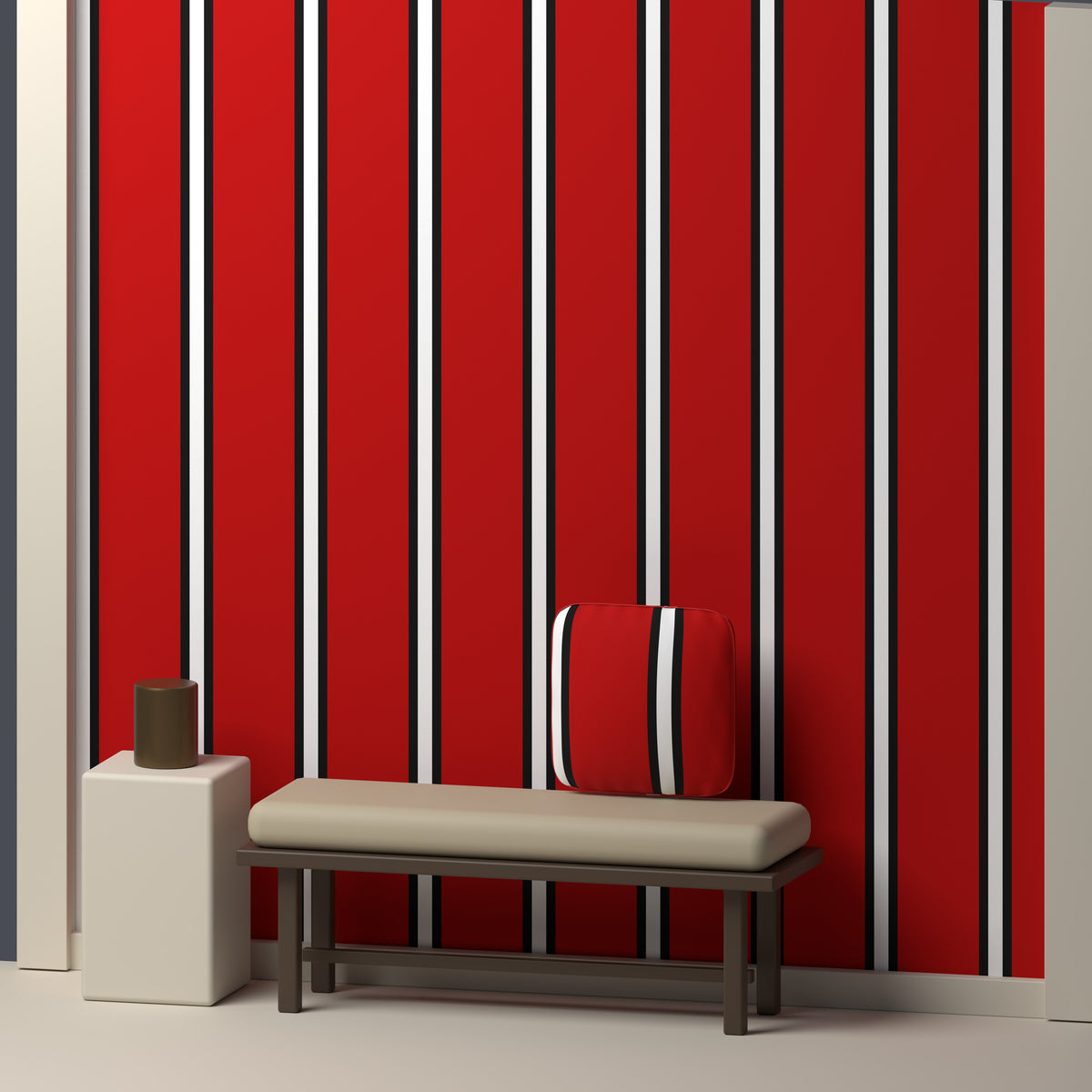 Deep Red, Near Black & White · Palette 017 — Double Track Trio — In a room