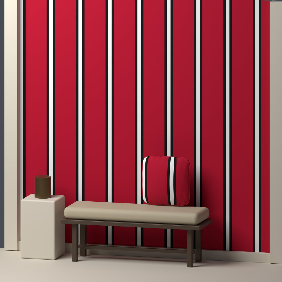 Red, Near Black & White · Palette 023 — Double Track Trio — In a room