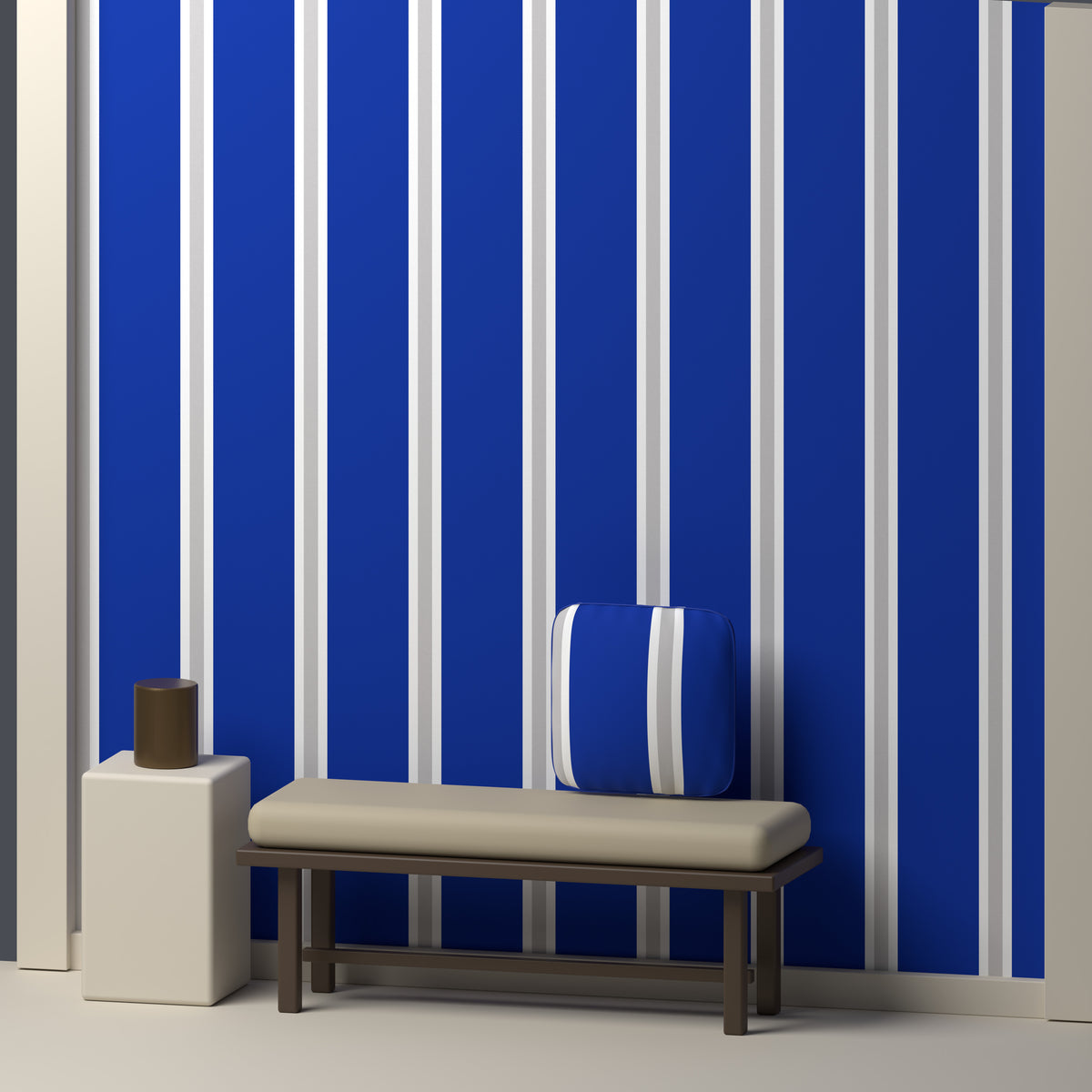 Royal Blue, White & Light Gray — Double Track Trio — In a room