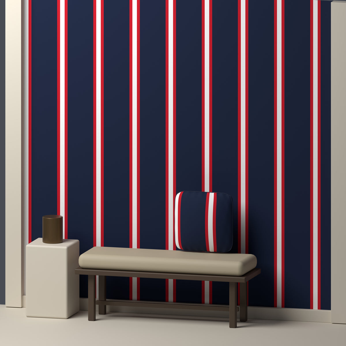Deep Navy, Red & White — Double Track Trio — In a room
