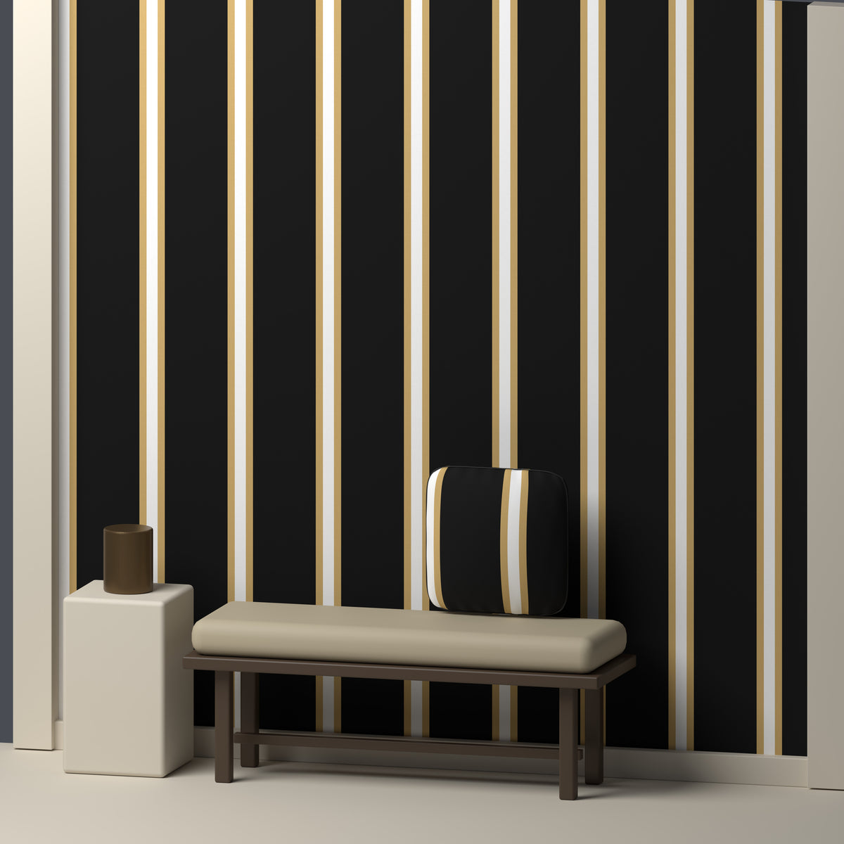 Near Black, Antique Gold & White · Palette 034 — Double Track Trio — In a room