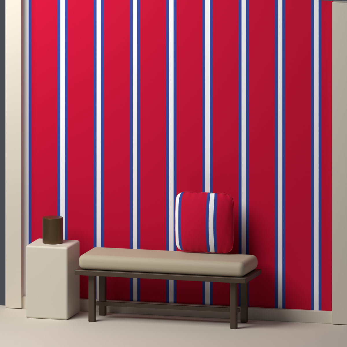 Deep Red, Royal Blue & White — Double Track Trio — In a room