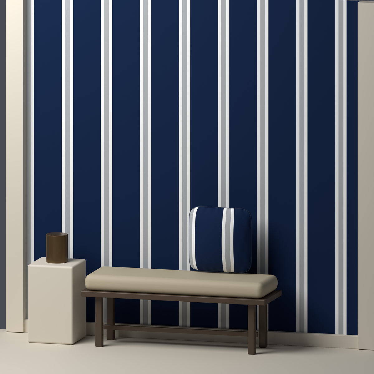 Deep Navy, White & Silver Gray — Double Track Trio — In a room