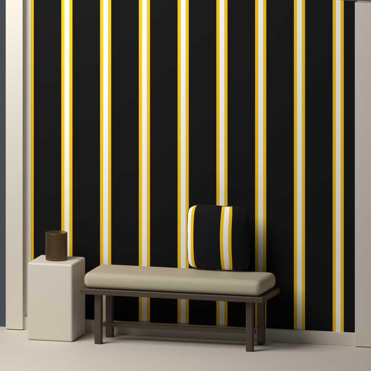 Near Black, Golden Yellow & White · Palette 046 — Double Track Trio — In a room