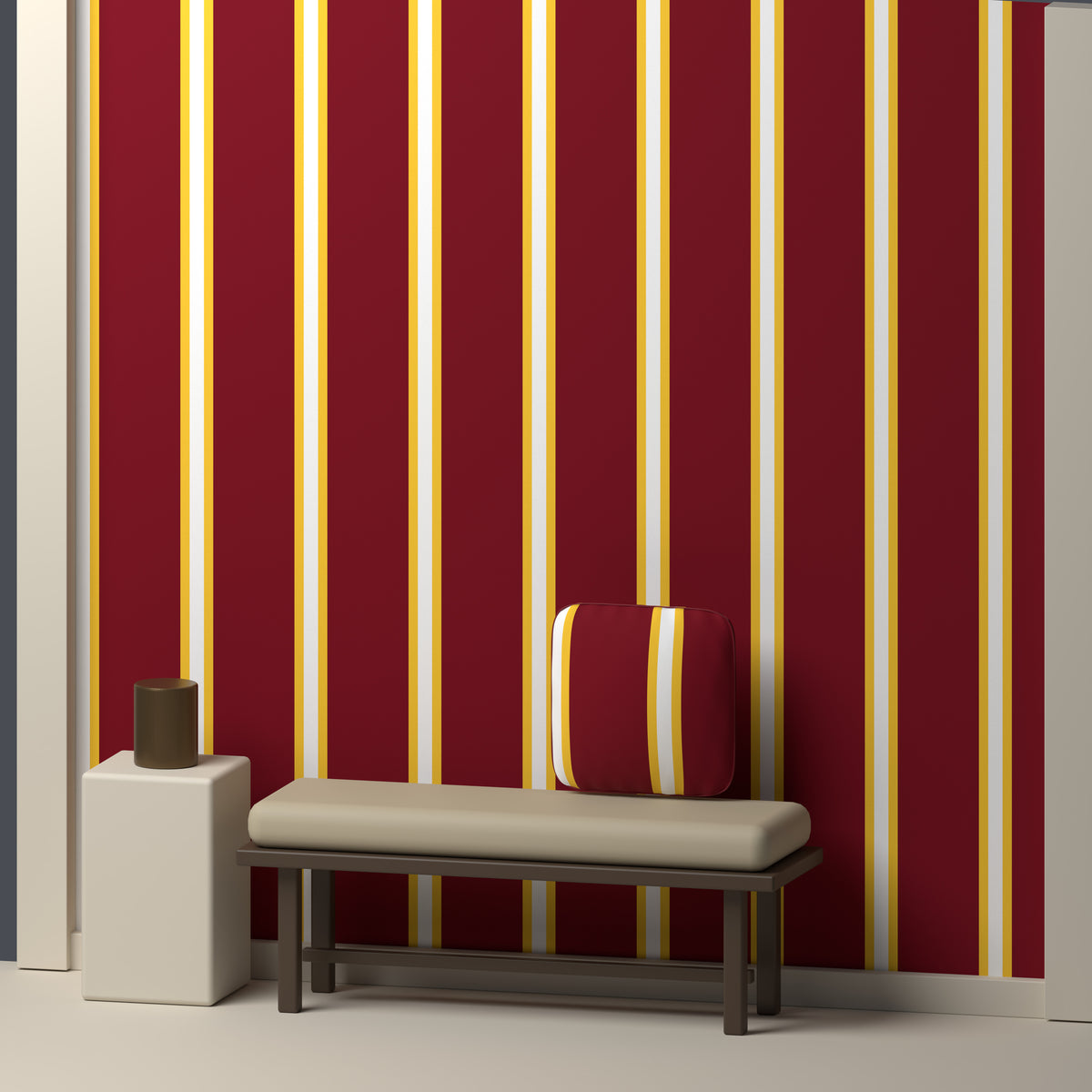 Maroon, Gold & White · Palette 057 — Double Track Trio — In a room