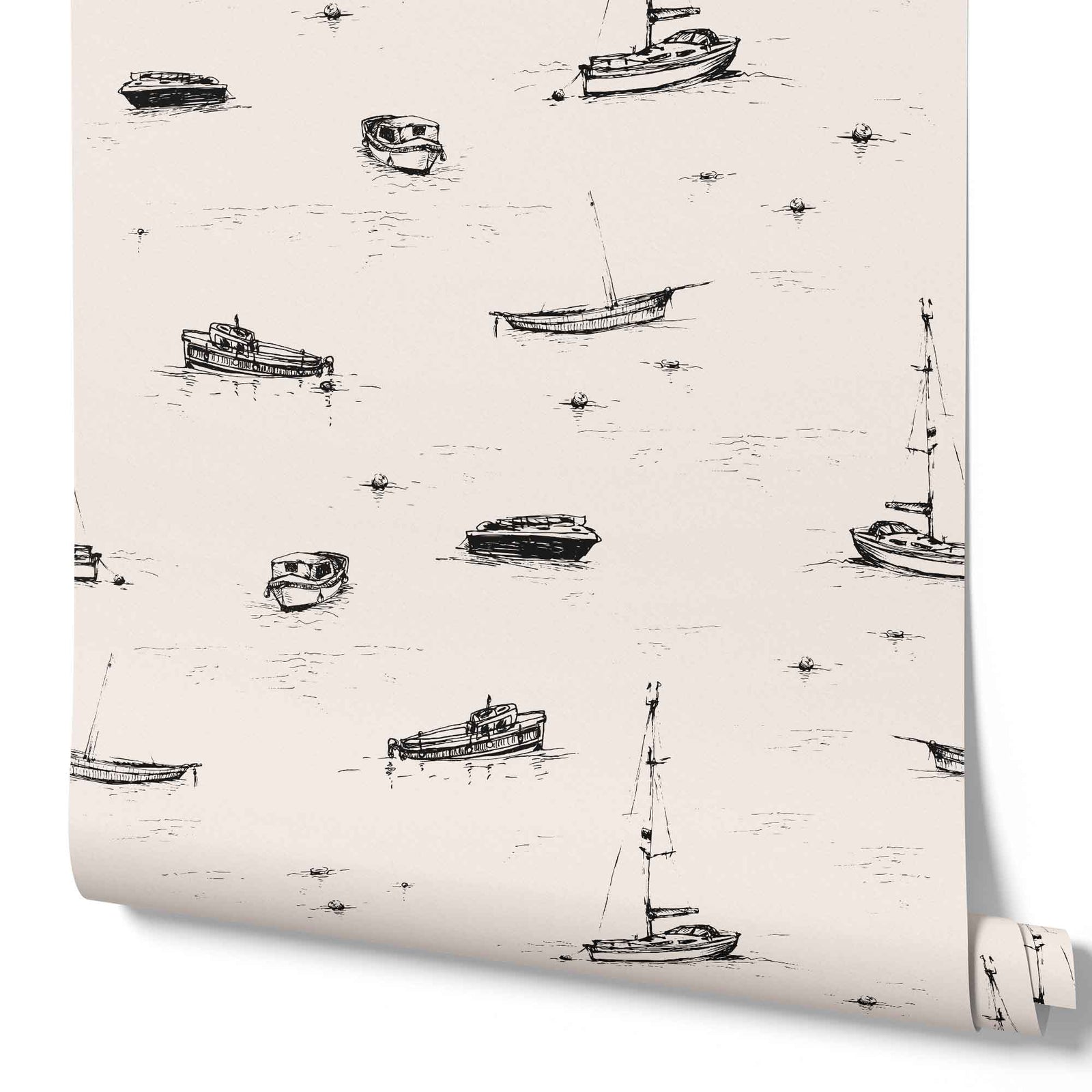 beige_A wallpaper with a beige and black sketch pattern featuring boats on the ocean