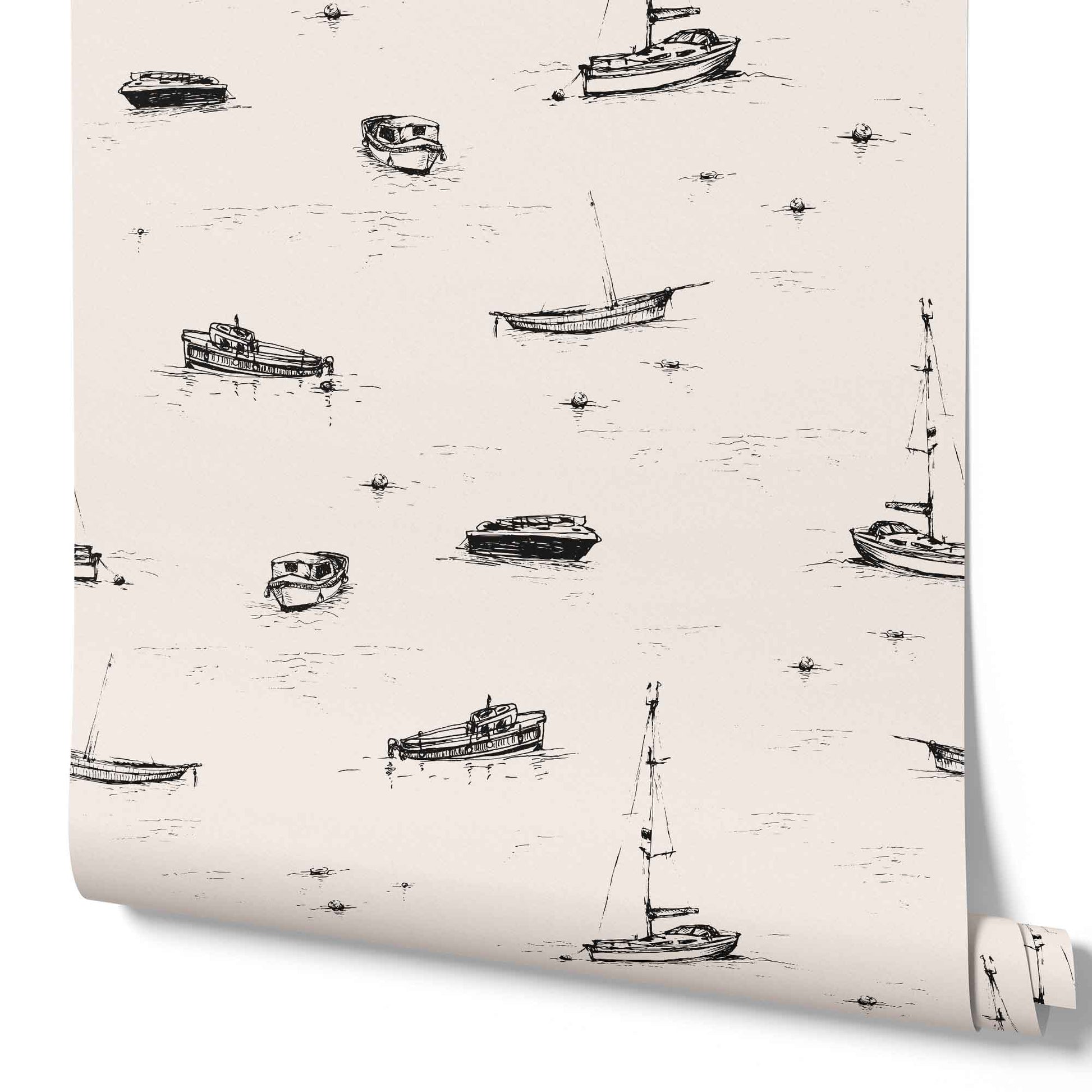 beige_A wallpaper with a beige and black sketch pattern featuring boats on the ocean