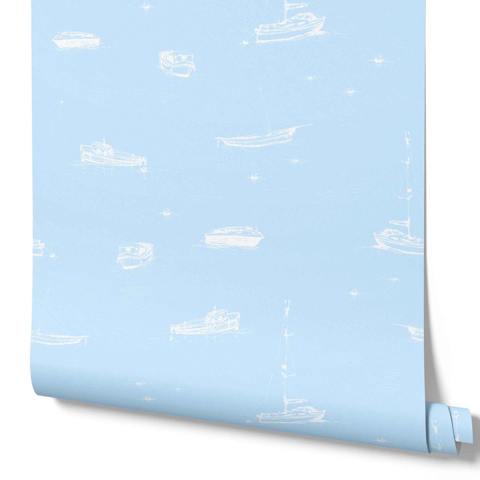 light-blue_A wallpaper with a light blue and white sketch pattern featuring boats on the ocean